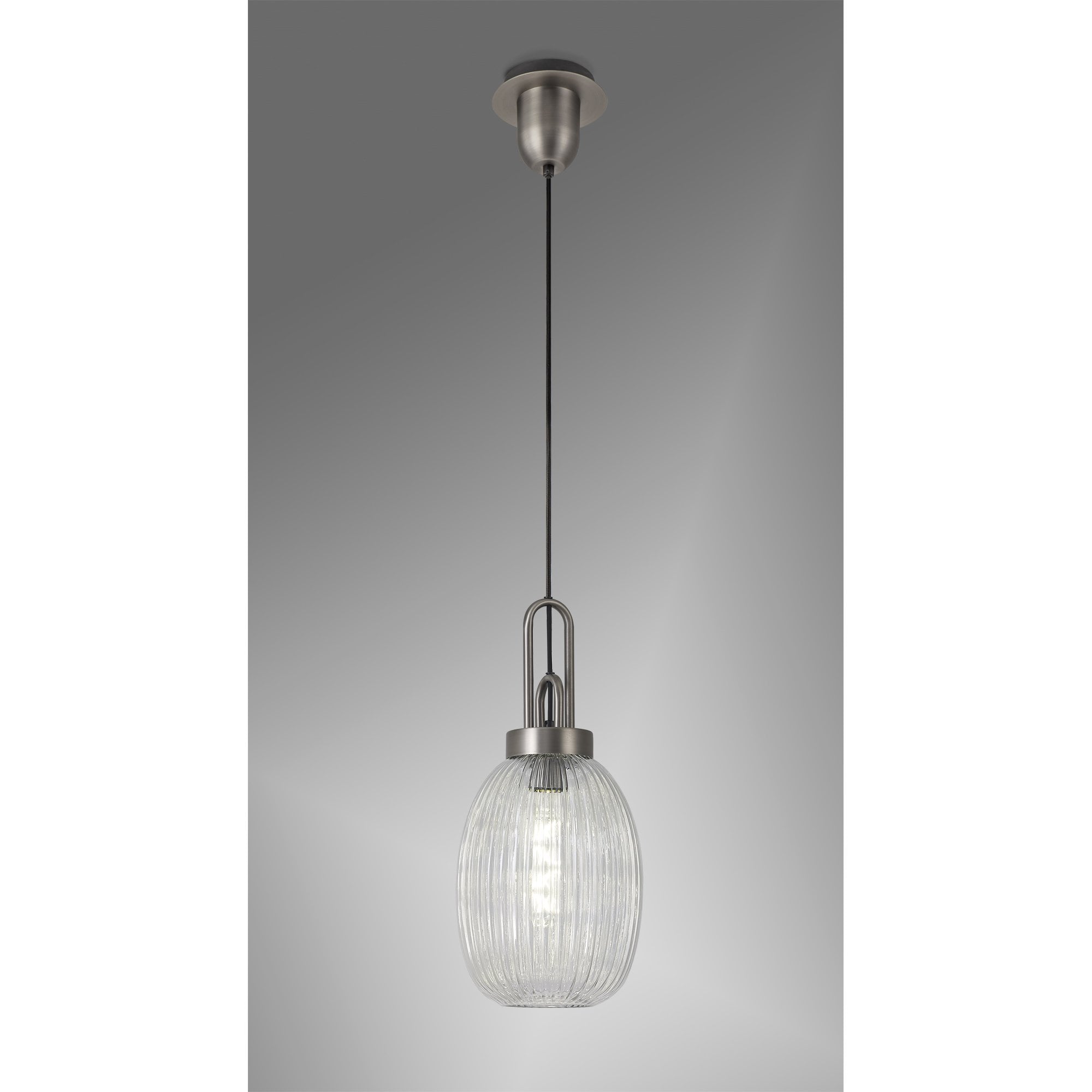 Fabula Springfield Single Pendant - 20cm Almond Ribbed Glass Shade - Antique Silver & Clear Glass