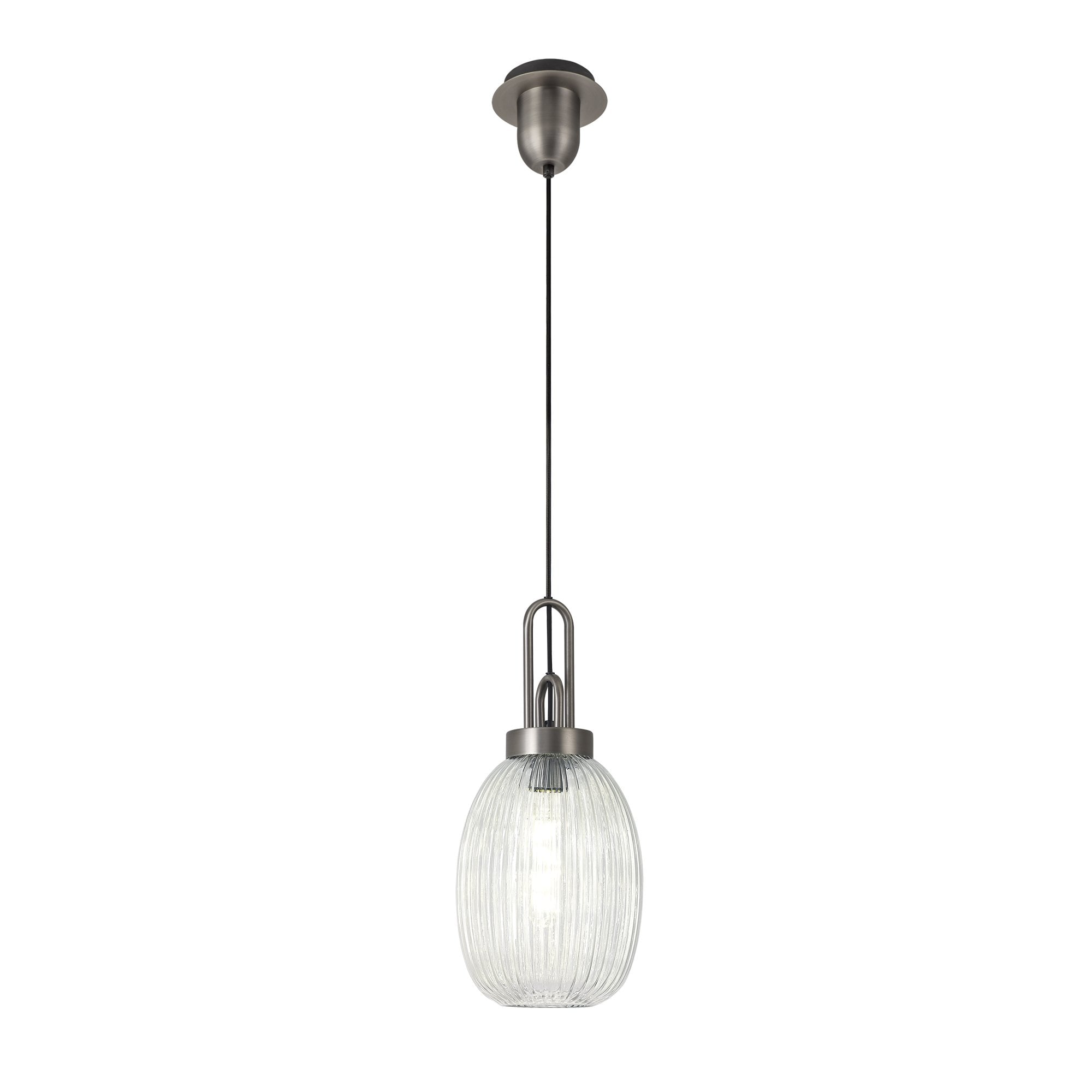 Fabula Springfield Single Pendant - 20cm Almond Ribbed Glass Shade - Antique Silver & Clear Glass