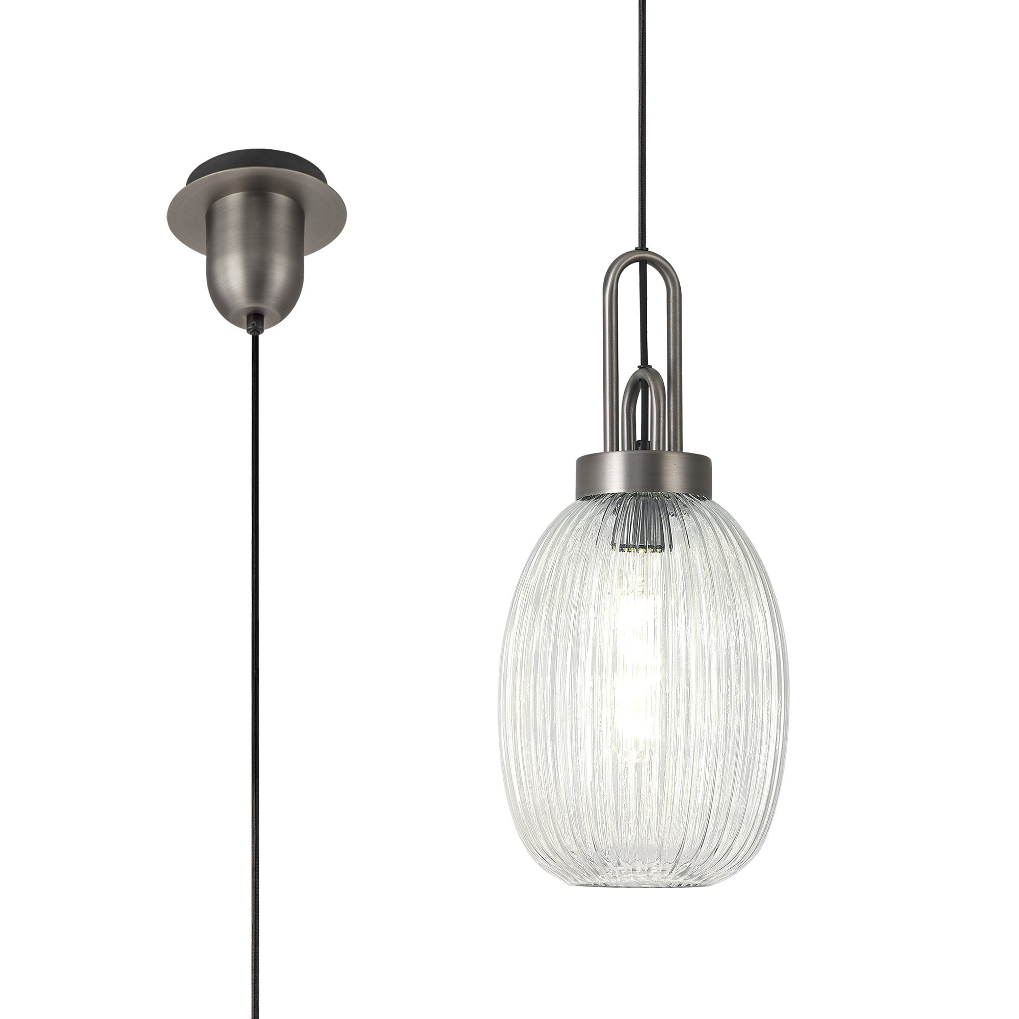 Fabula Springfield Single Pendant - 20cm Almond Ribbed Glass Shade - Antique Silver & Clear Glass