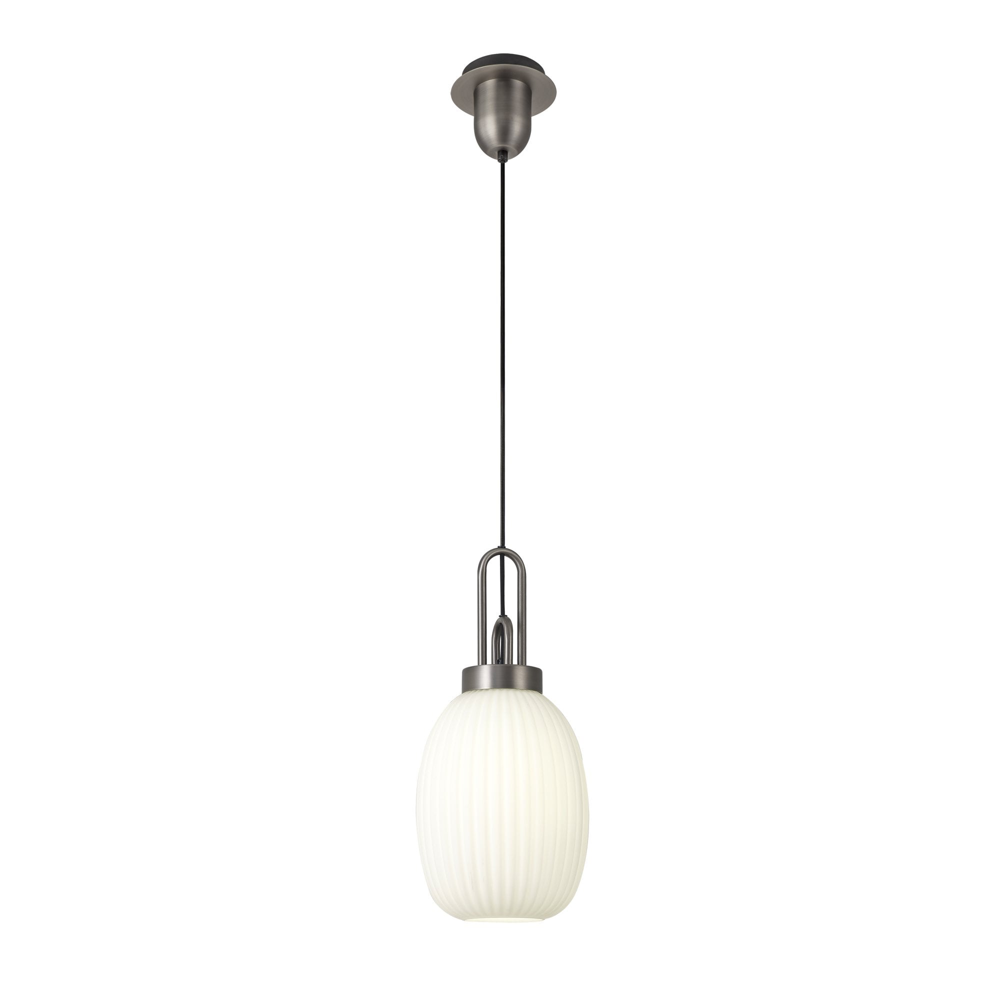 Fabula Springfield Single Pendant - 20cm Almond Ribbed Glass Shade - Antique Silver & Opal Glass