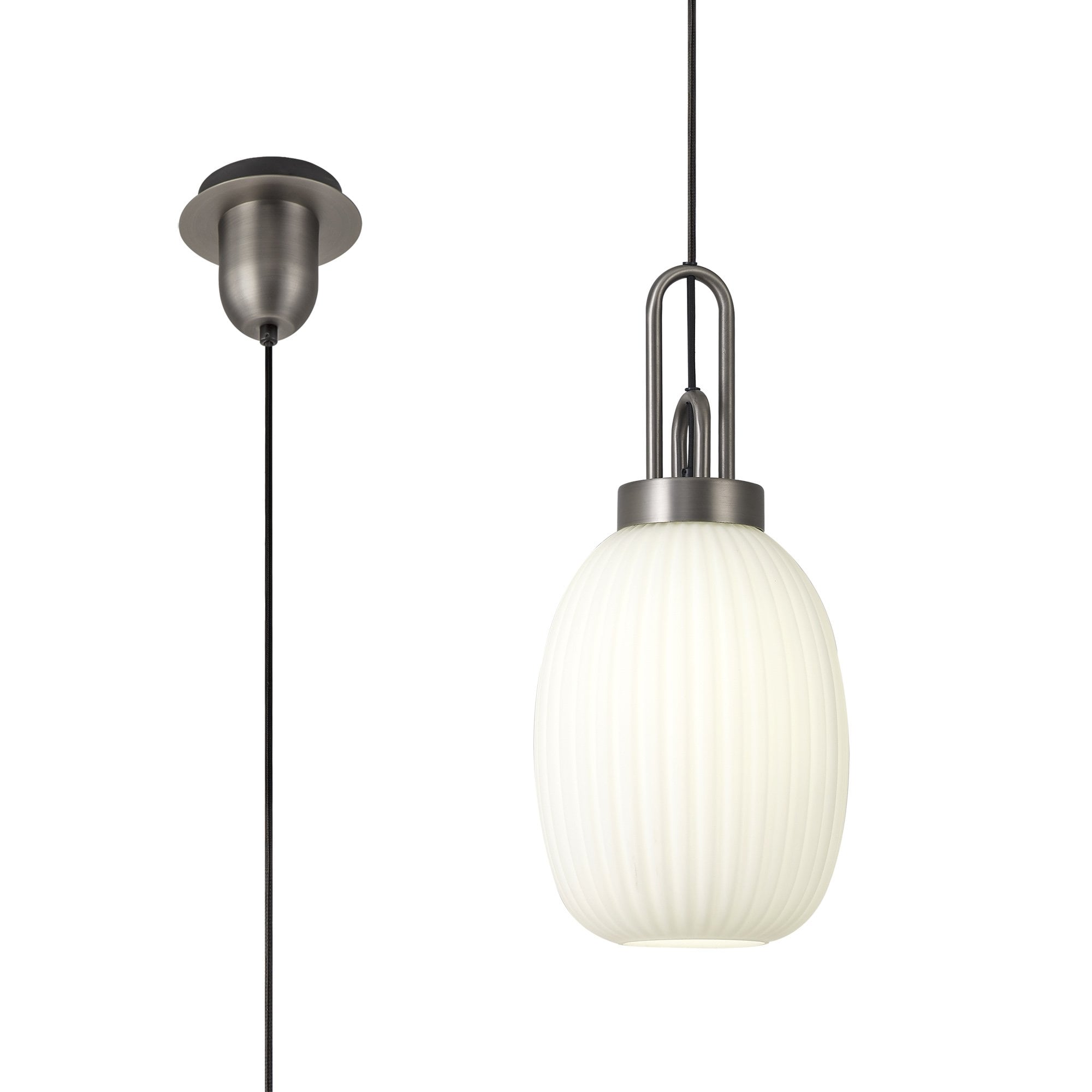 Fabula Springfield Single Pendant - 20cm Almond Ribbed Glass Shade - Antique Silver & Opal Glass
