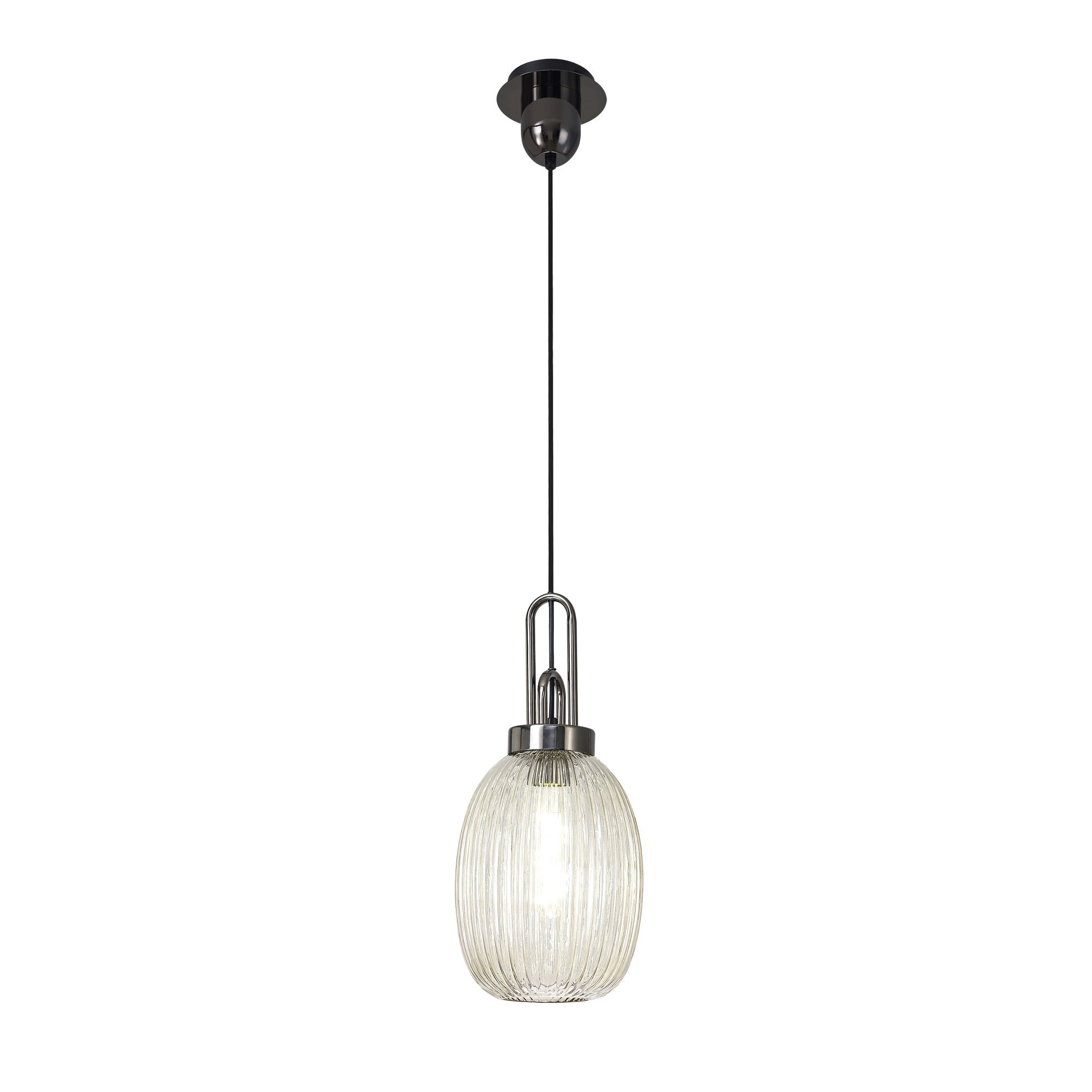 Fabula Springfield Single Pendant - 20cm Almond Ribbed Glass Shade - Black Chrome & Champagne Glass
