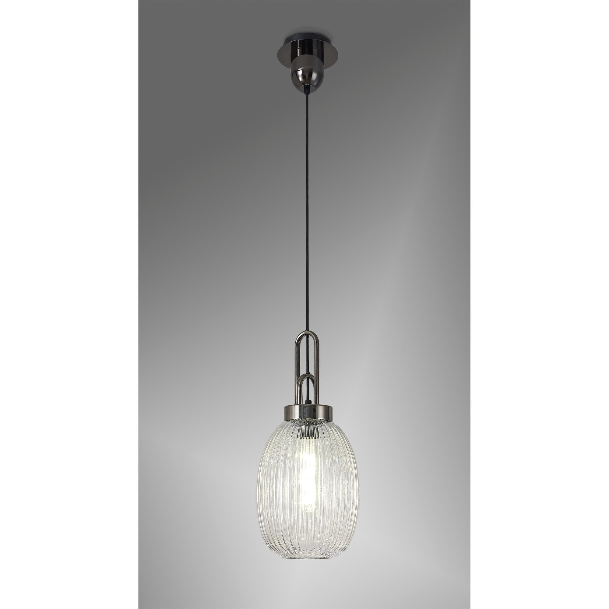 Fabula Springfield Single Pendant - 20cm Almond Ribbed Glass Shade - Black Chrome & Clear Glass
