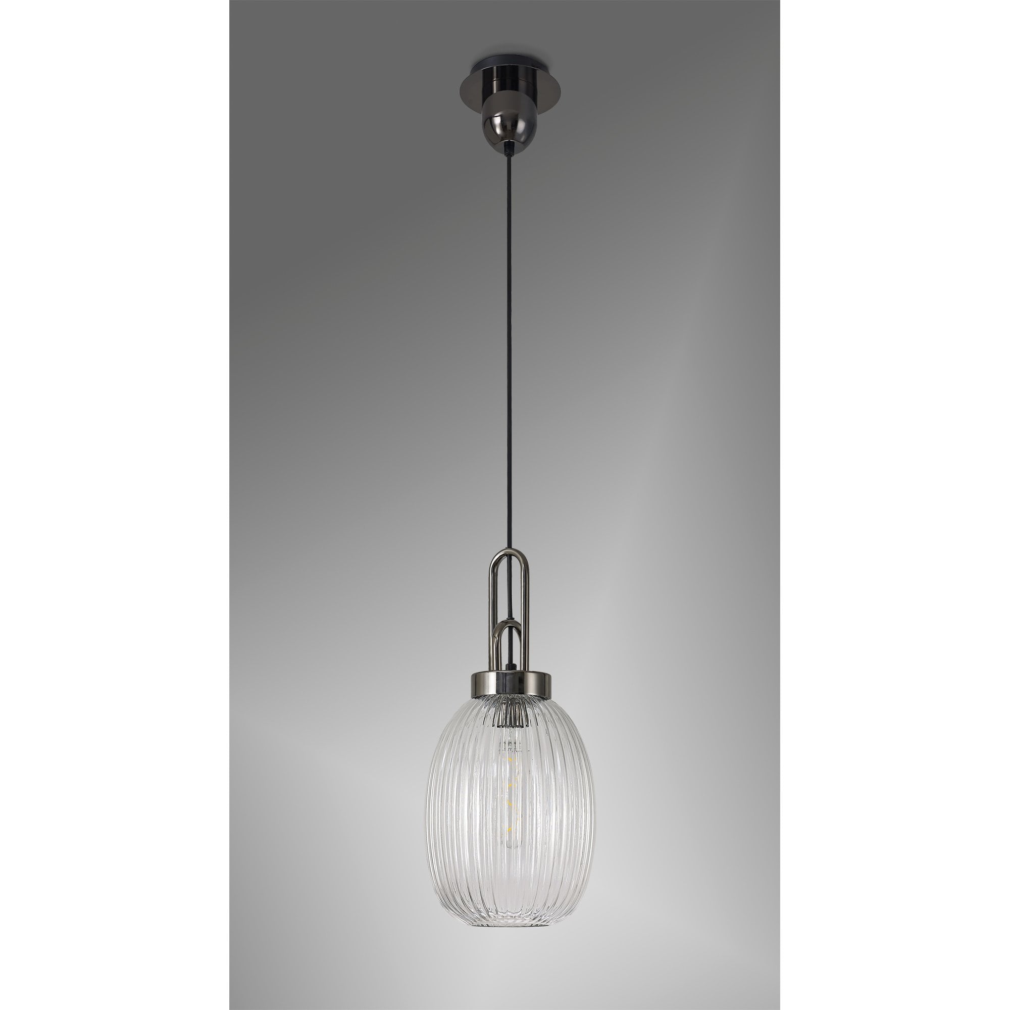 Fabula Springfield Single Pendant - 20cm Almond Ribbed Glass Shade - Black Chrome & Clear Glass