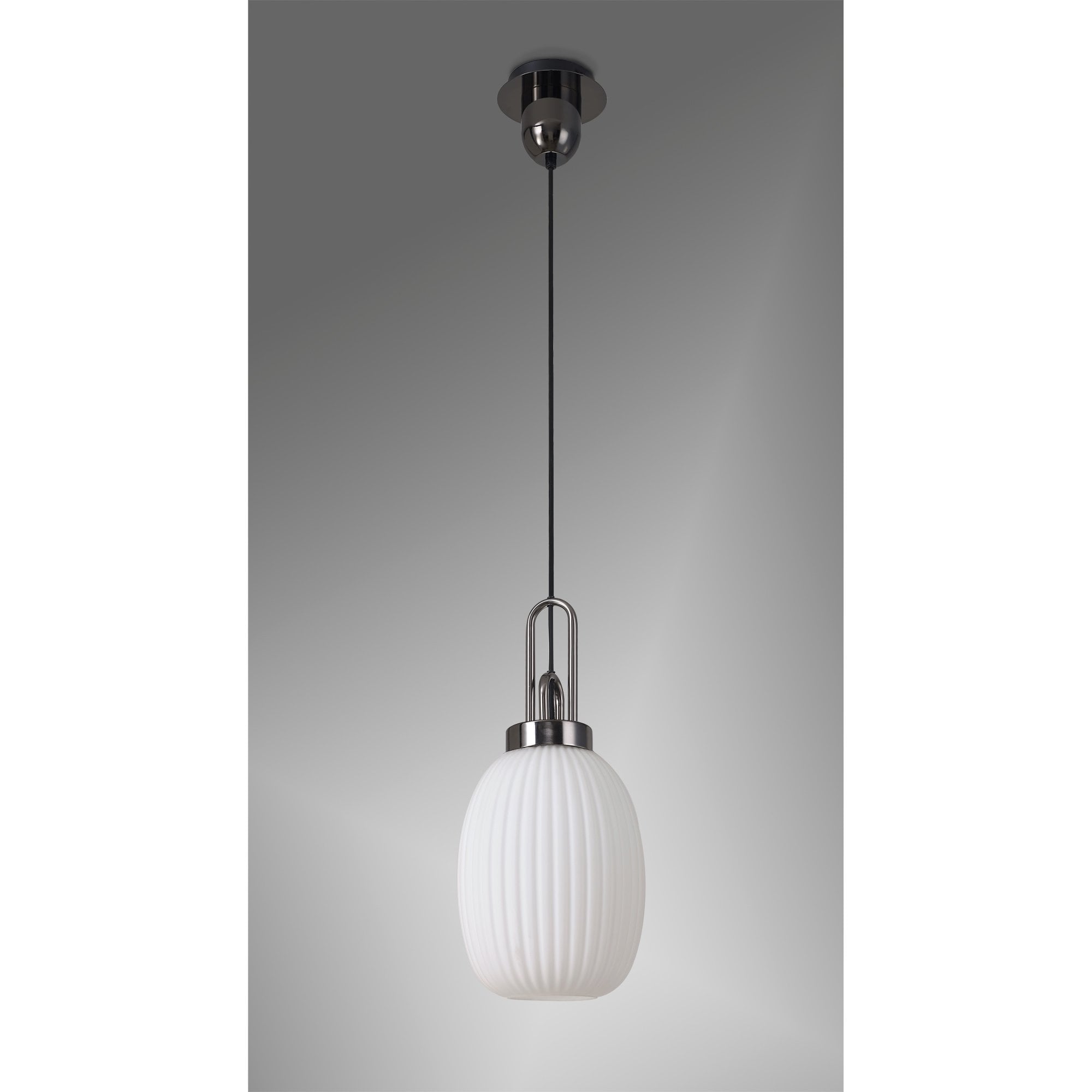 Fabula Springfield Single Pendant - 20cm Almond Ribbed Glass Shade - Black Chrome & Opal Glass