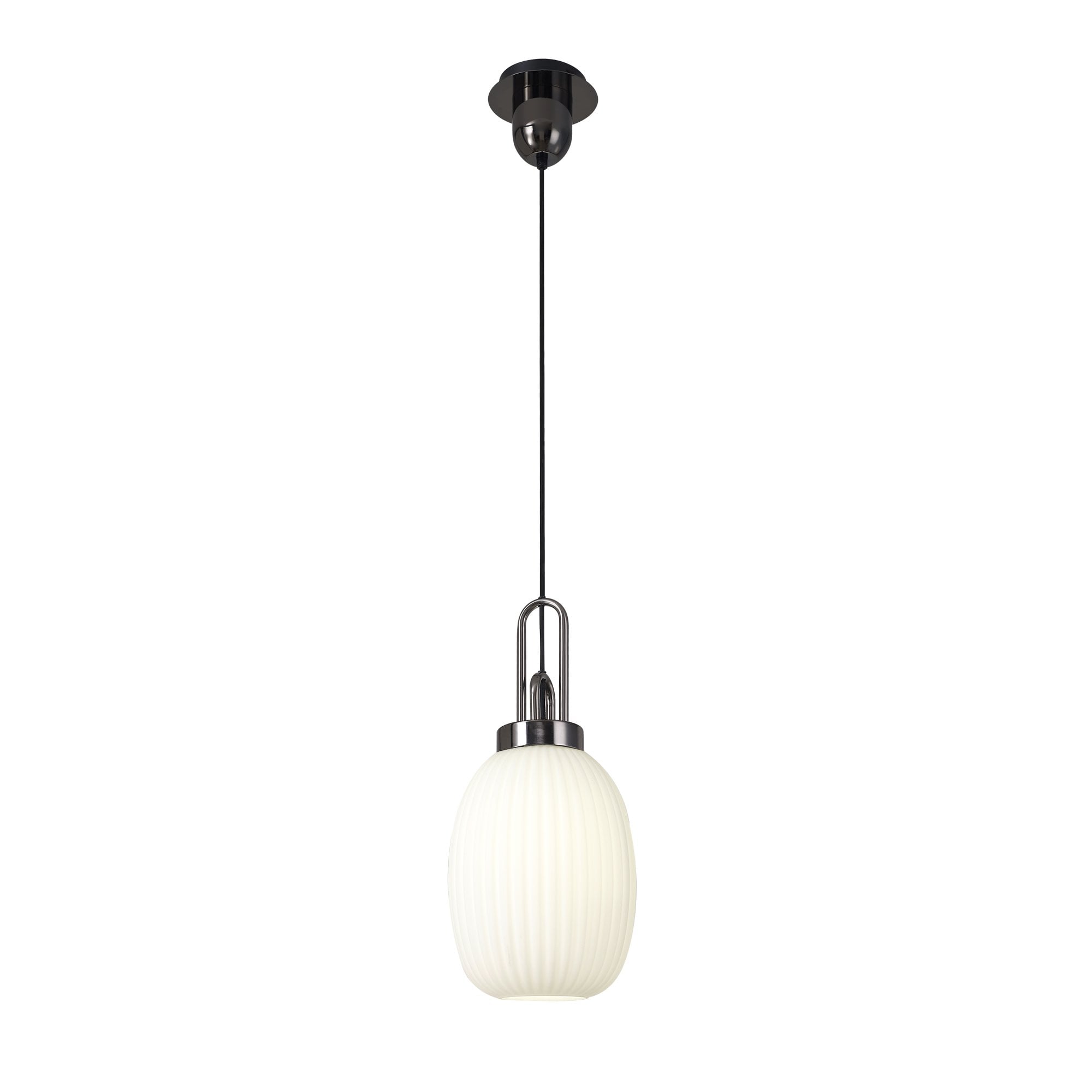 Fabula Springfield Single Pendant - 20cm Almond Ribbed Glass Shade - Black Chrome & Opal Glass