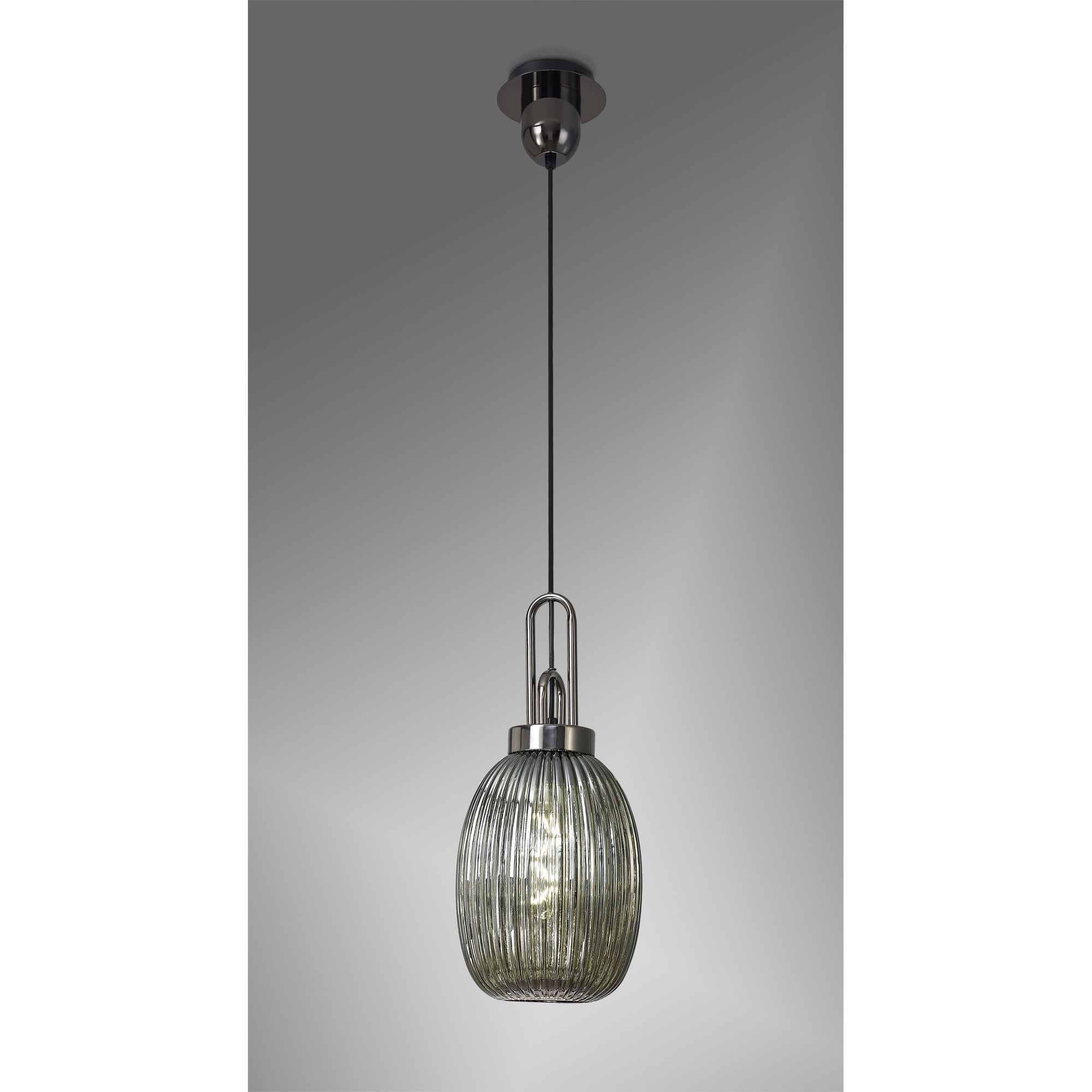 Fabula Springfield Single Pendant - 20cm Almond Ribbed Glass Shade - Black Chrome & Smoked Glass