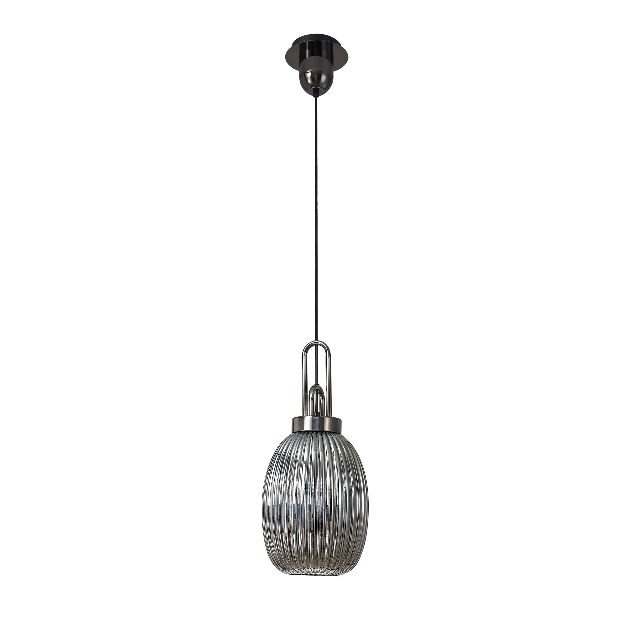 Fabula Springfield Single Pendant - 20cm Almond Ribbed Glass Shade - Black Chrome & Smoked Glass