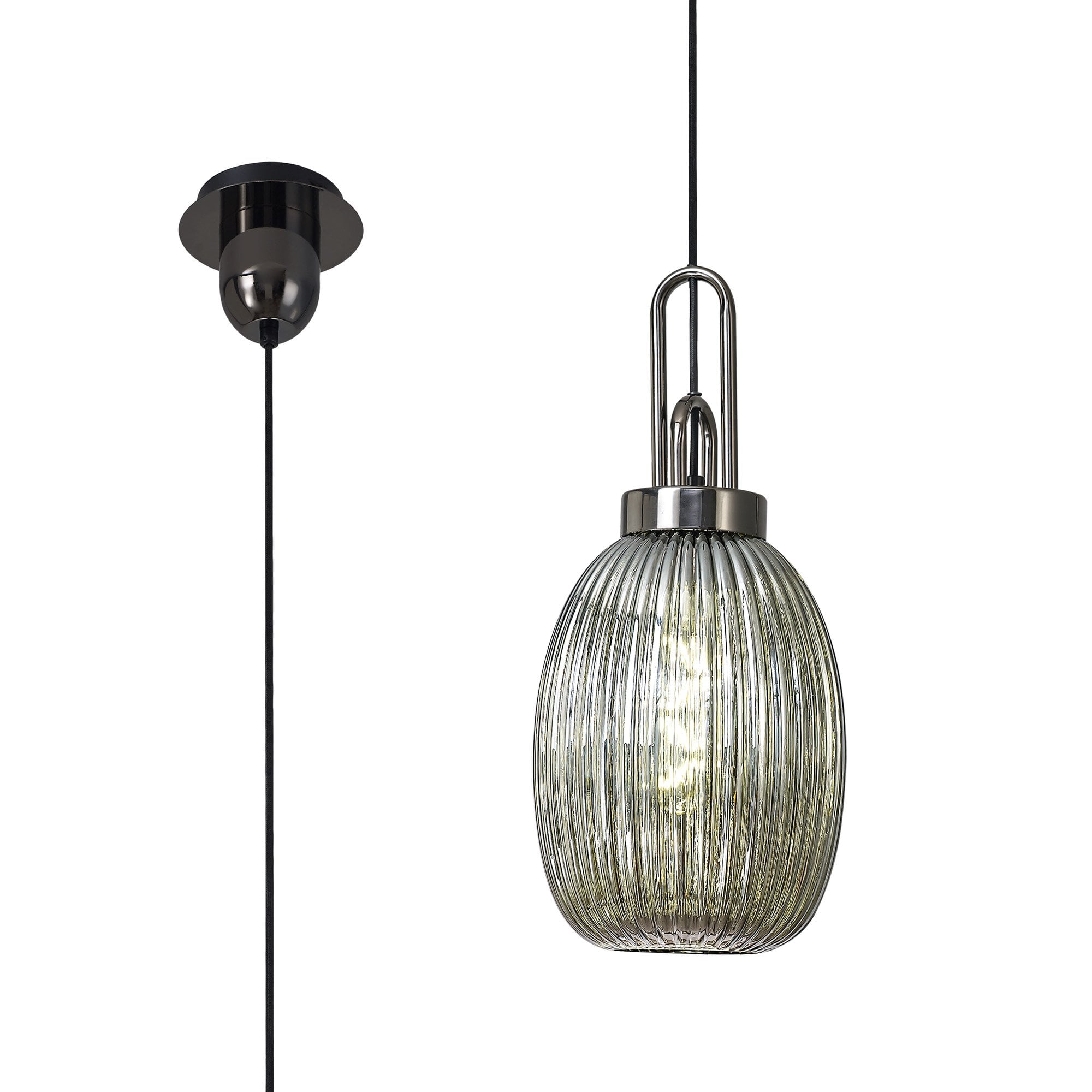 Fabula Springfield Single Pendant - 20cm Almond Ribbed Glass Shade - Black Chrome & Smoked Glass