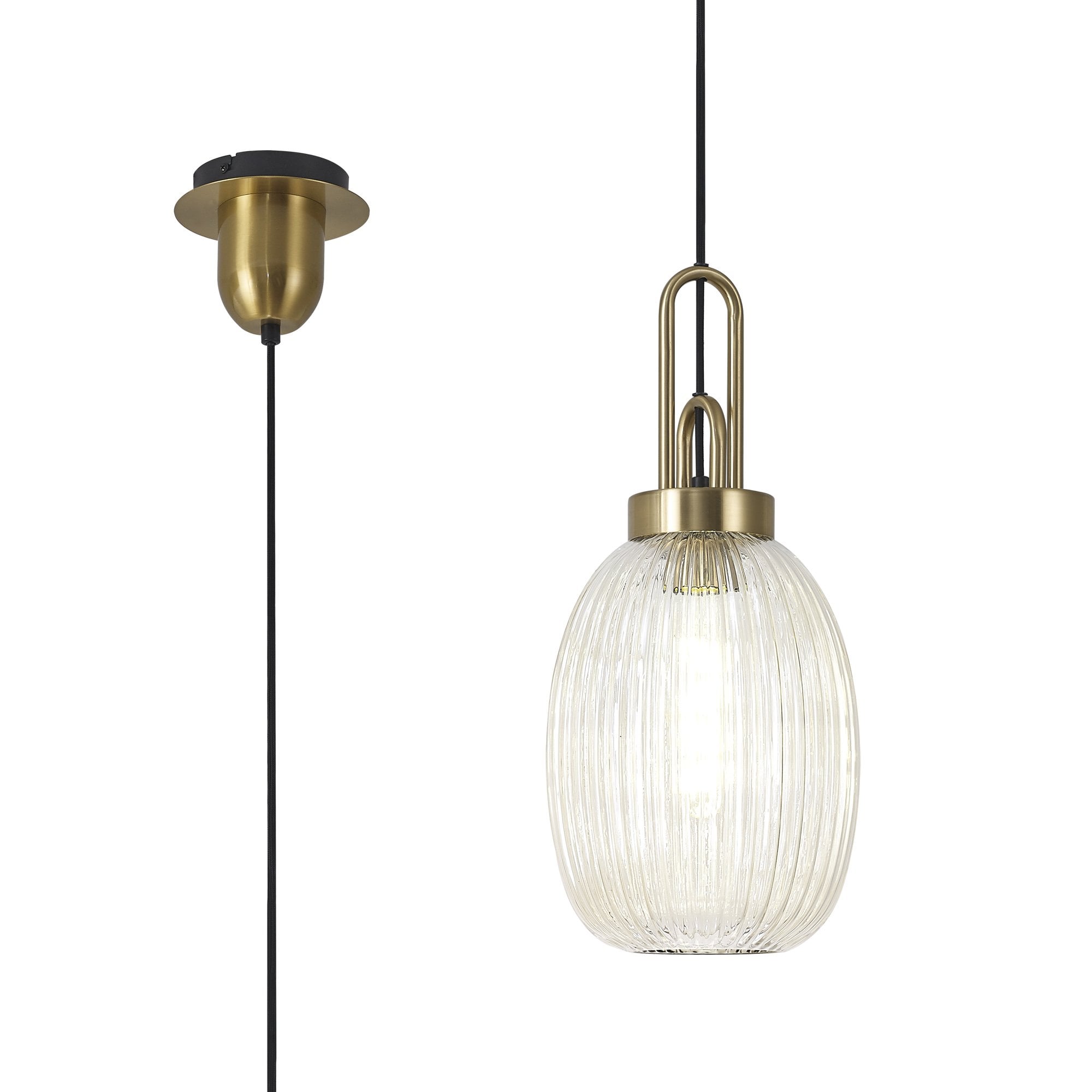 Fabula Springfield Single Pendant - 20cm Almond Ribbed Glass Shade - Brass Gold & Champagne Glass