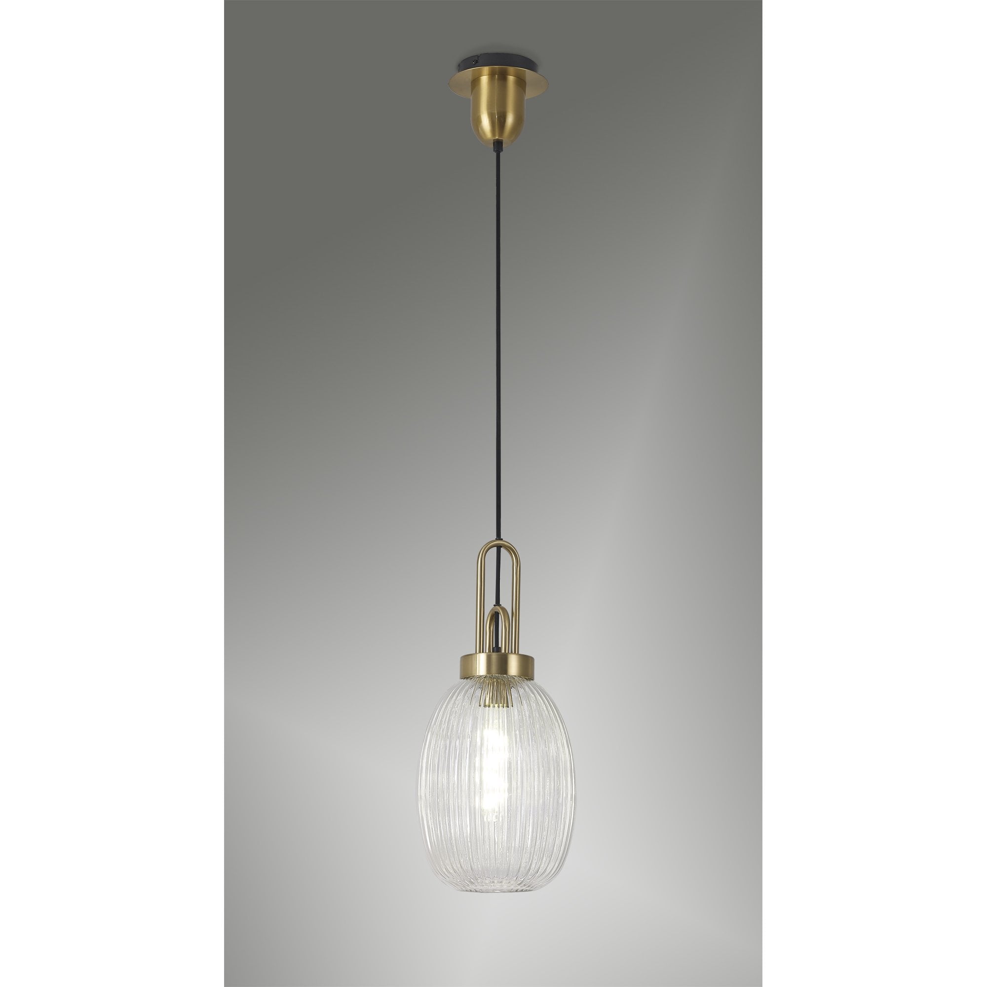 Fabula Springfield Single Pendant - 20cm Almond Ribbed Glass Shade - Brass Gold & Clear Glass
