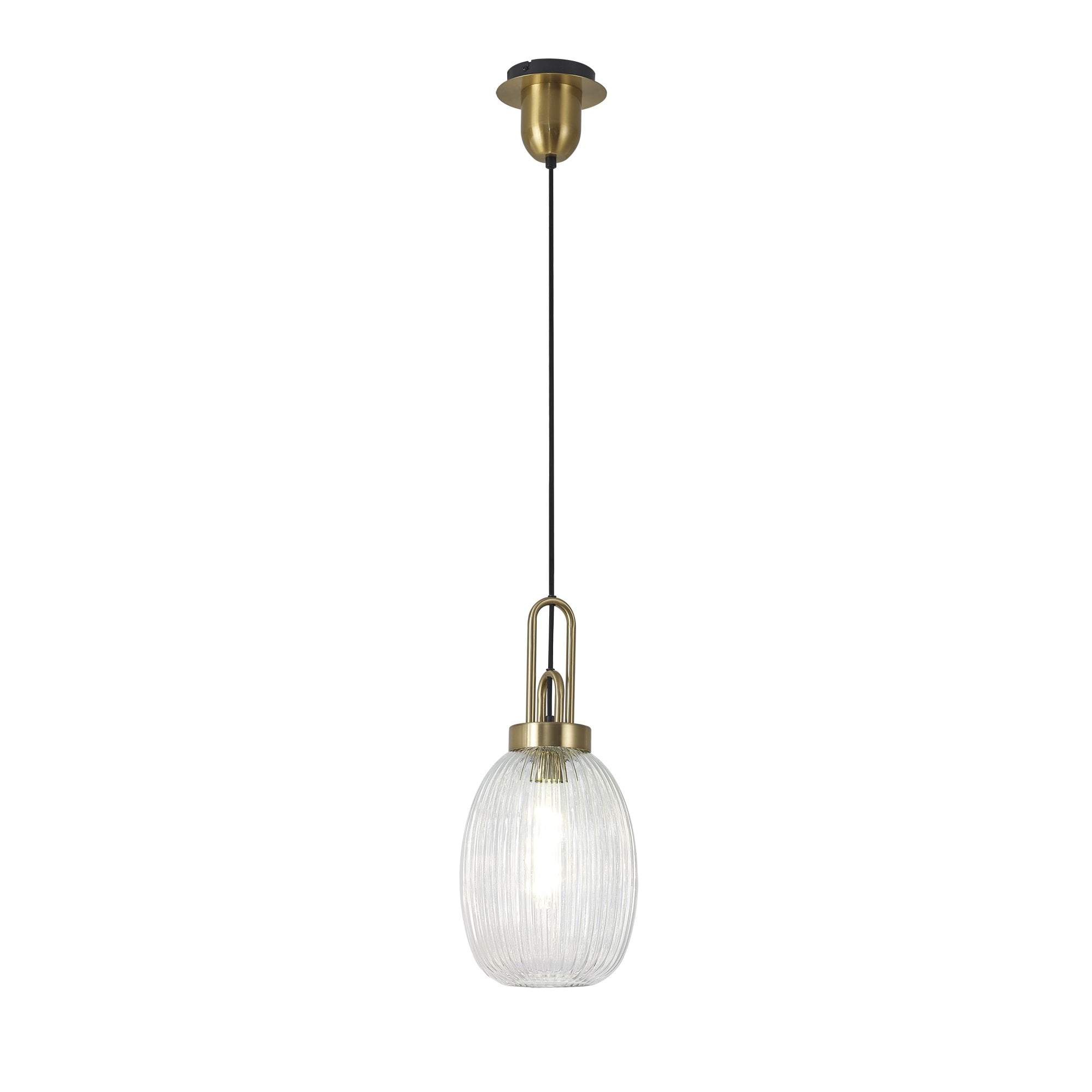 Fabula Springfield Single Pendant - 20cm Almond Ribbed Glass Shade - Brass Gold & Clear Glass