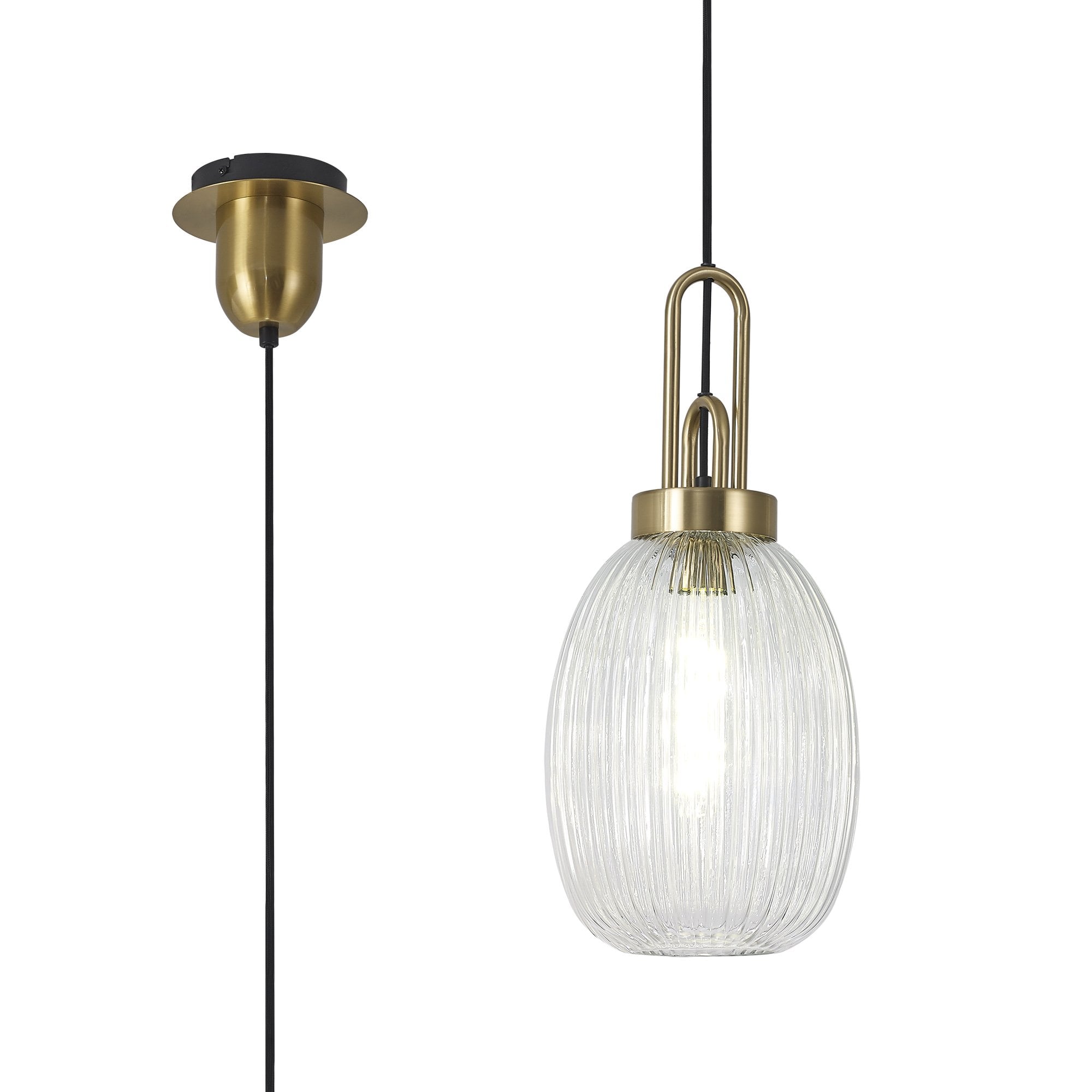 Fabula Springfield Single Pendant - 20cm Almond Ribbed Glass Shade - Brass Gold & Clear Glass