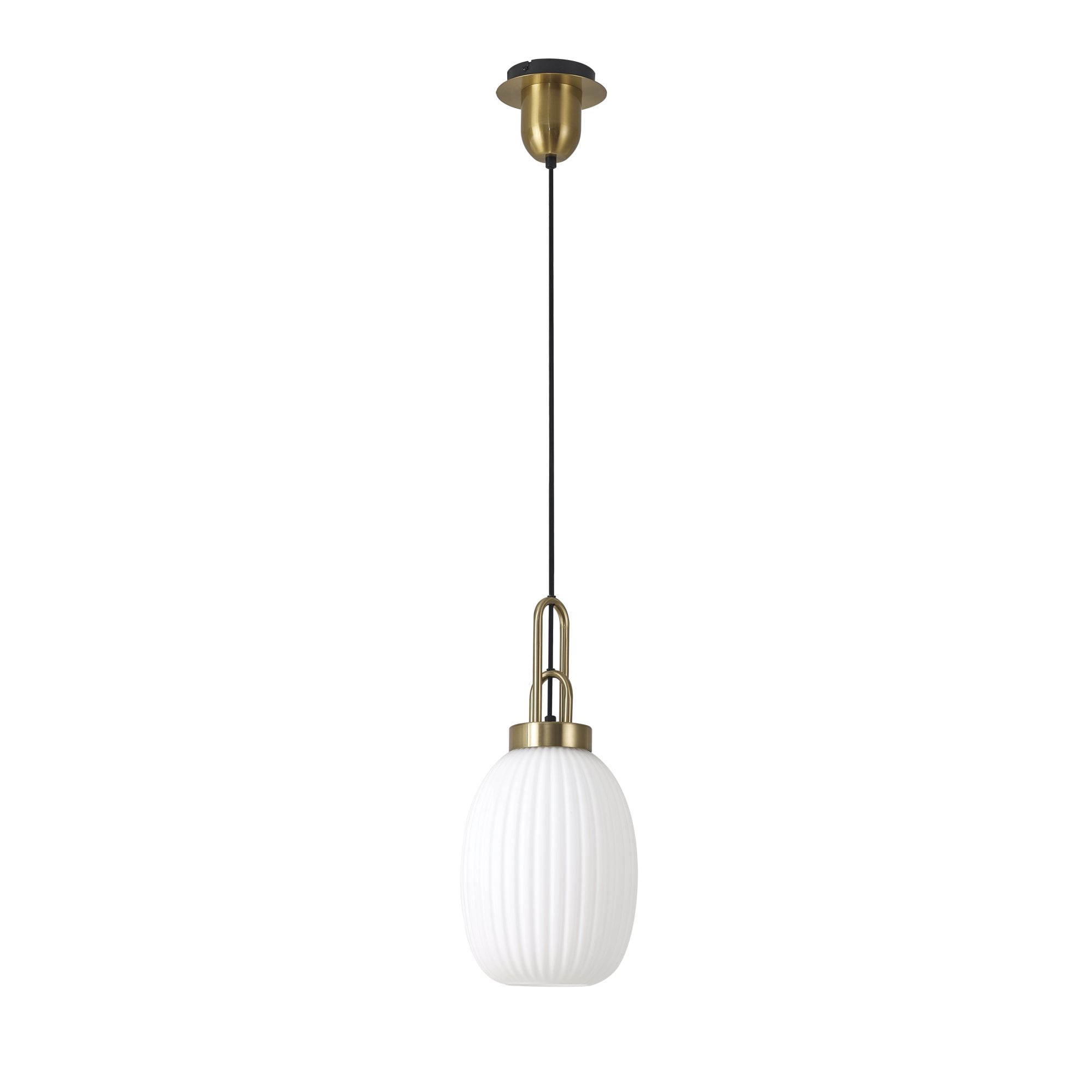 Fabula Springfield Single Pendant - 20cm Almond Ribbed Glass Shade - Brass Gold & Opal Glass