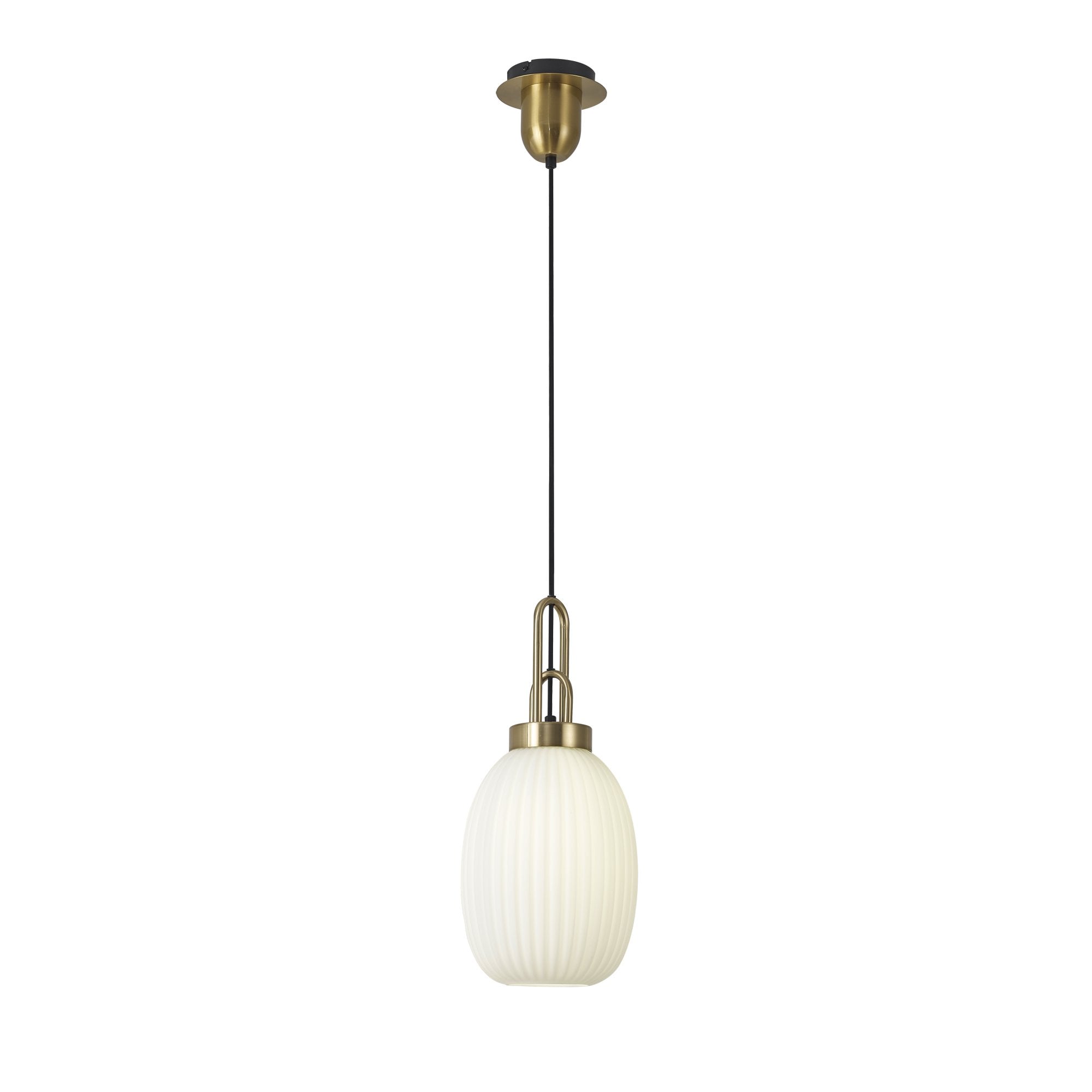 Fabula Springfield Single Pendant - 20cm Almond Ribbed Glass Shade - Brass Gold & Opal Glass