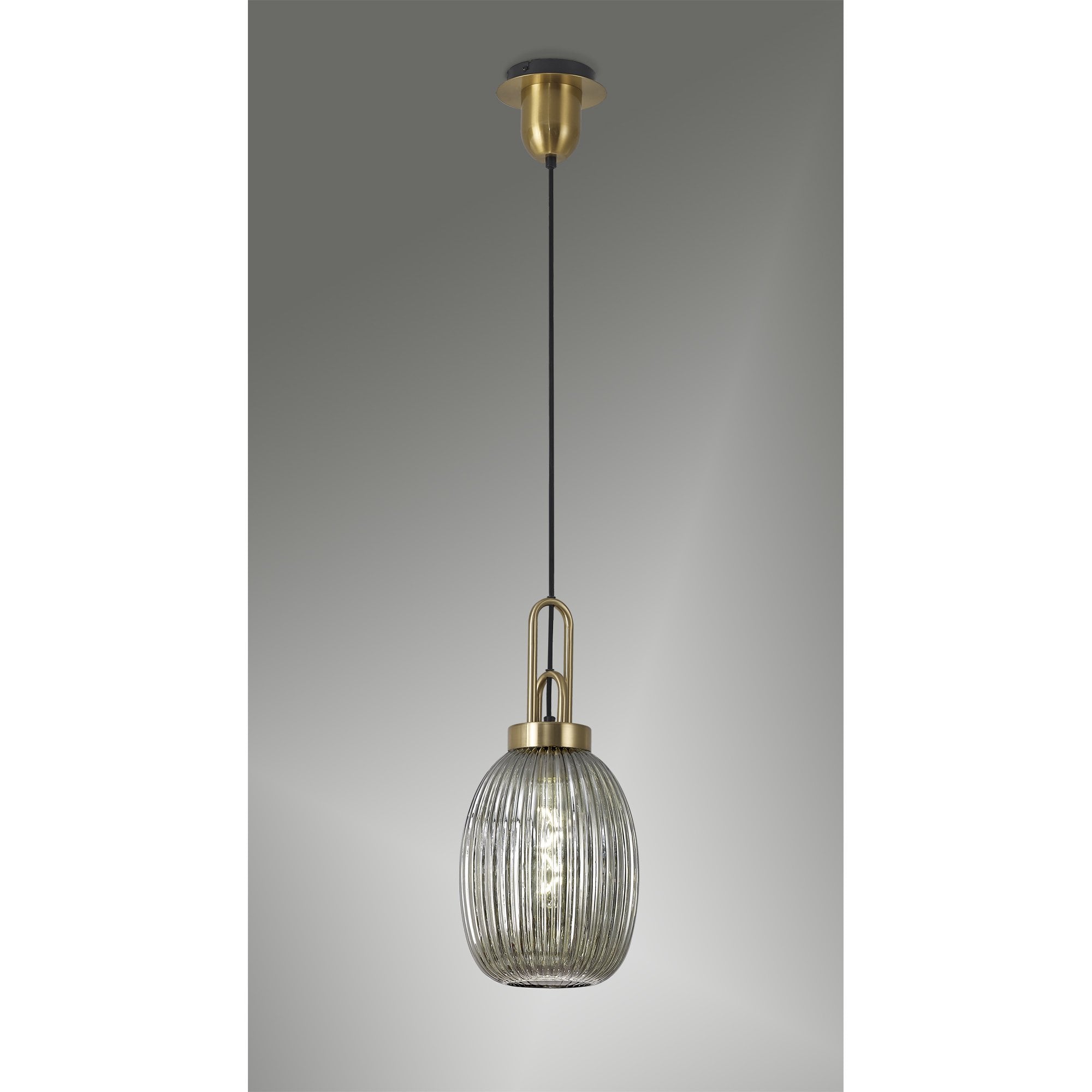 Fabula Springfield Single Pendant - 20cm Almond Ribbed Glass Shade - Brass Gold & Smoked Glass