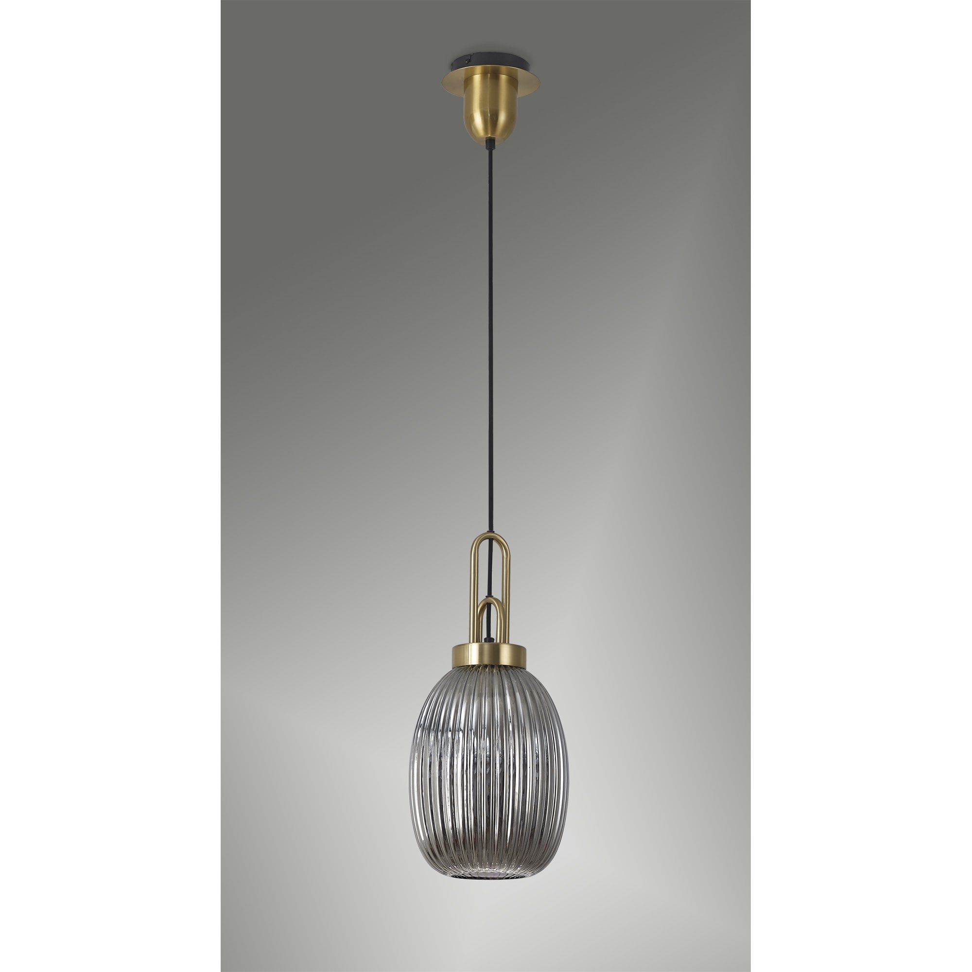 Fabula Springfield Single Pendant - 20cm Almond Ribbed Glass Shade - Brass Gold & Smoked Glass