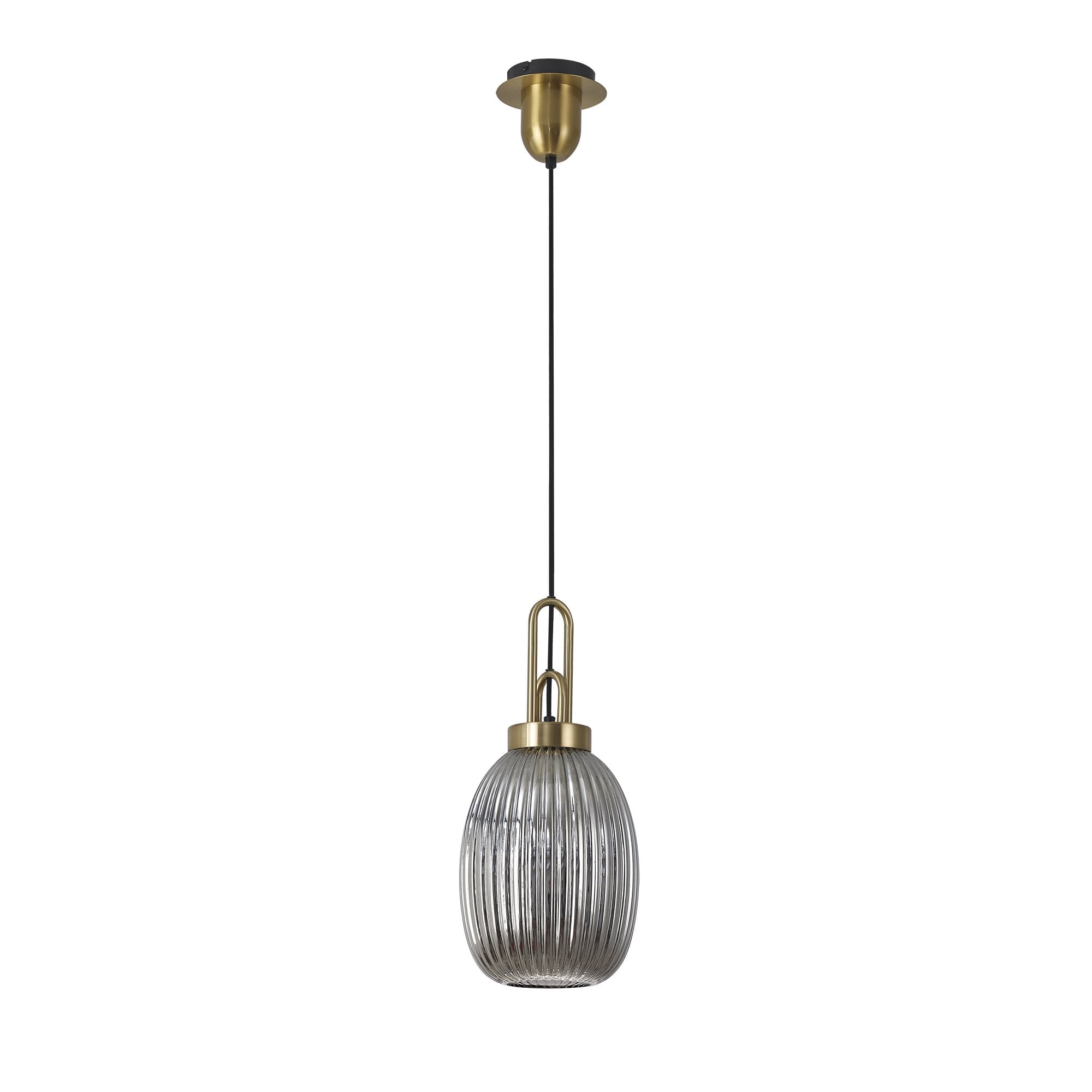 Fabula Springfield Single Pendant - 20cm Almond Ribbed Glass Shade - Brass Gold & Smoked Glass