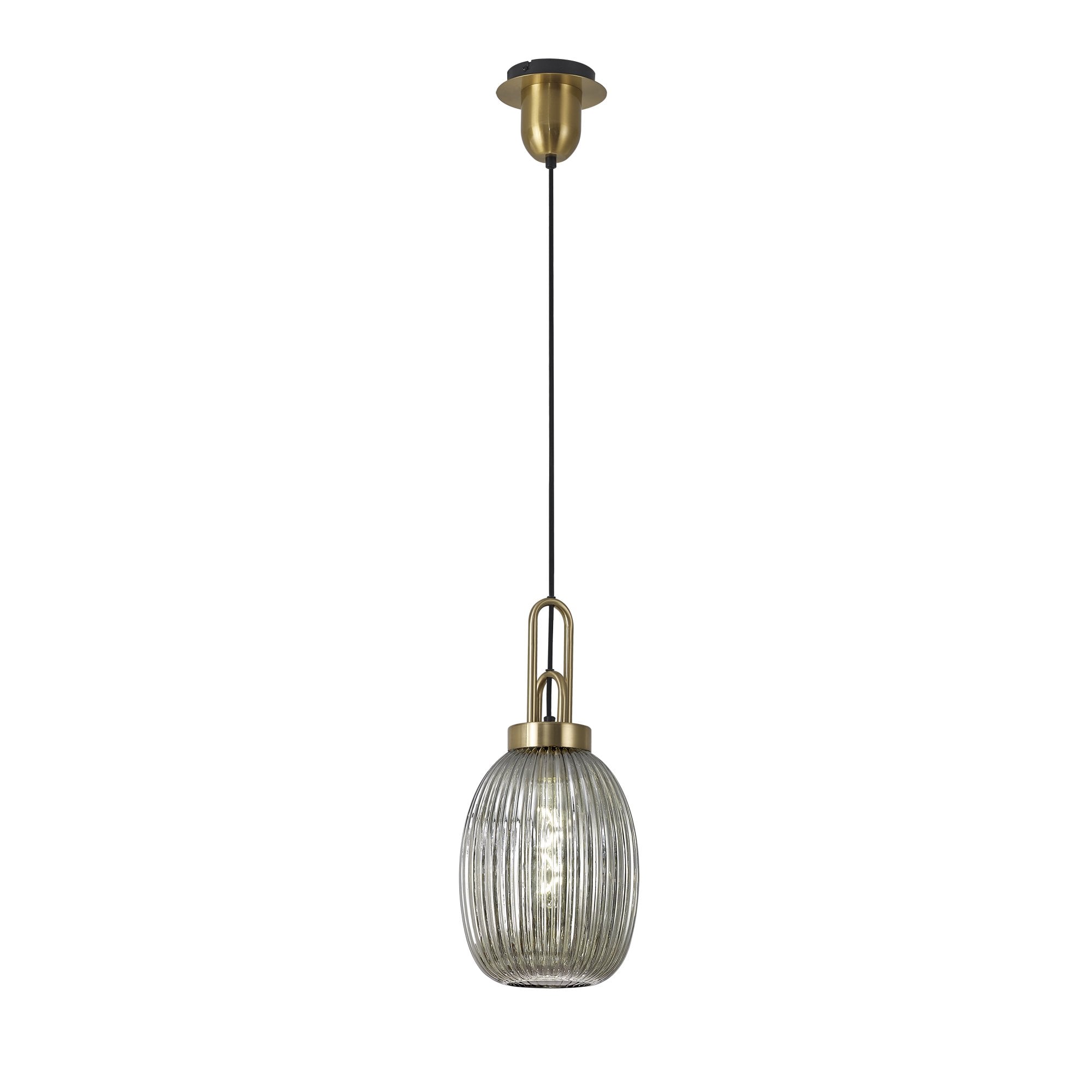 Fabula Springfield Single Pendant - 20cm Almond Ribbed Glass Shade - Brass Gold & Smoked Glass