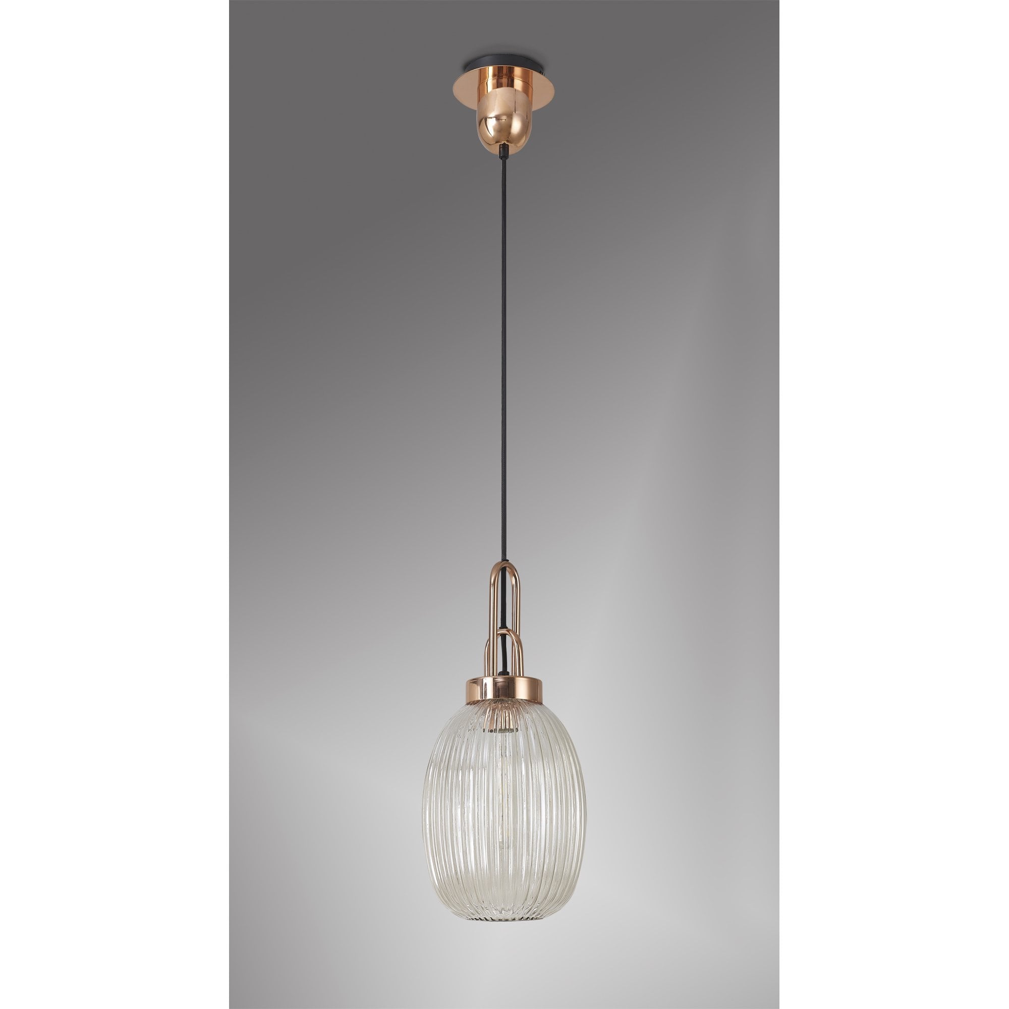Fabula Springfield Single Pendant - 20cm Almond Ribbed Glass Shade - Copper & Champagne Glass
