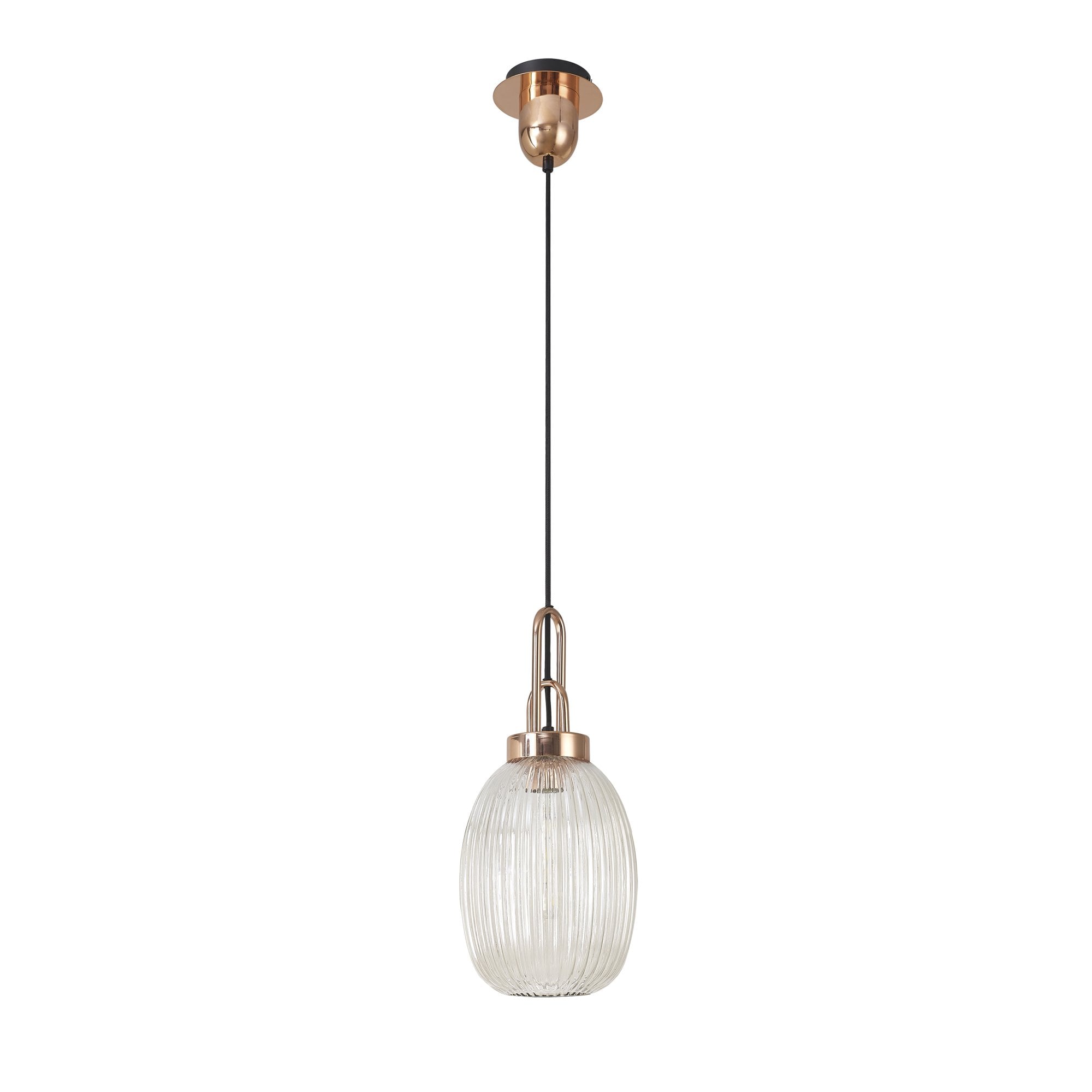 Fabula Springfield Single Pendant - 20cm Almond Ribbed Glass Shade - Copper & Champagne Glass