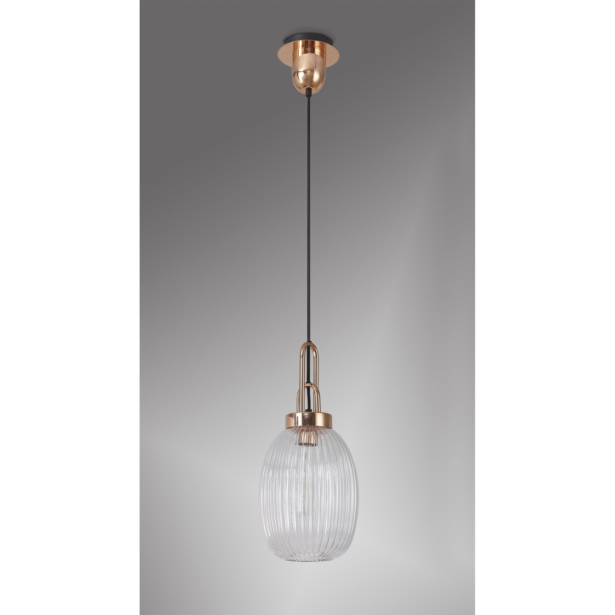 Fabula Springfield Single Pendant - 20cm Almond Ribbed Glass Shade - Copper & Clear Glass