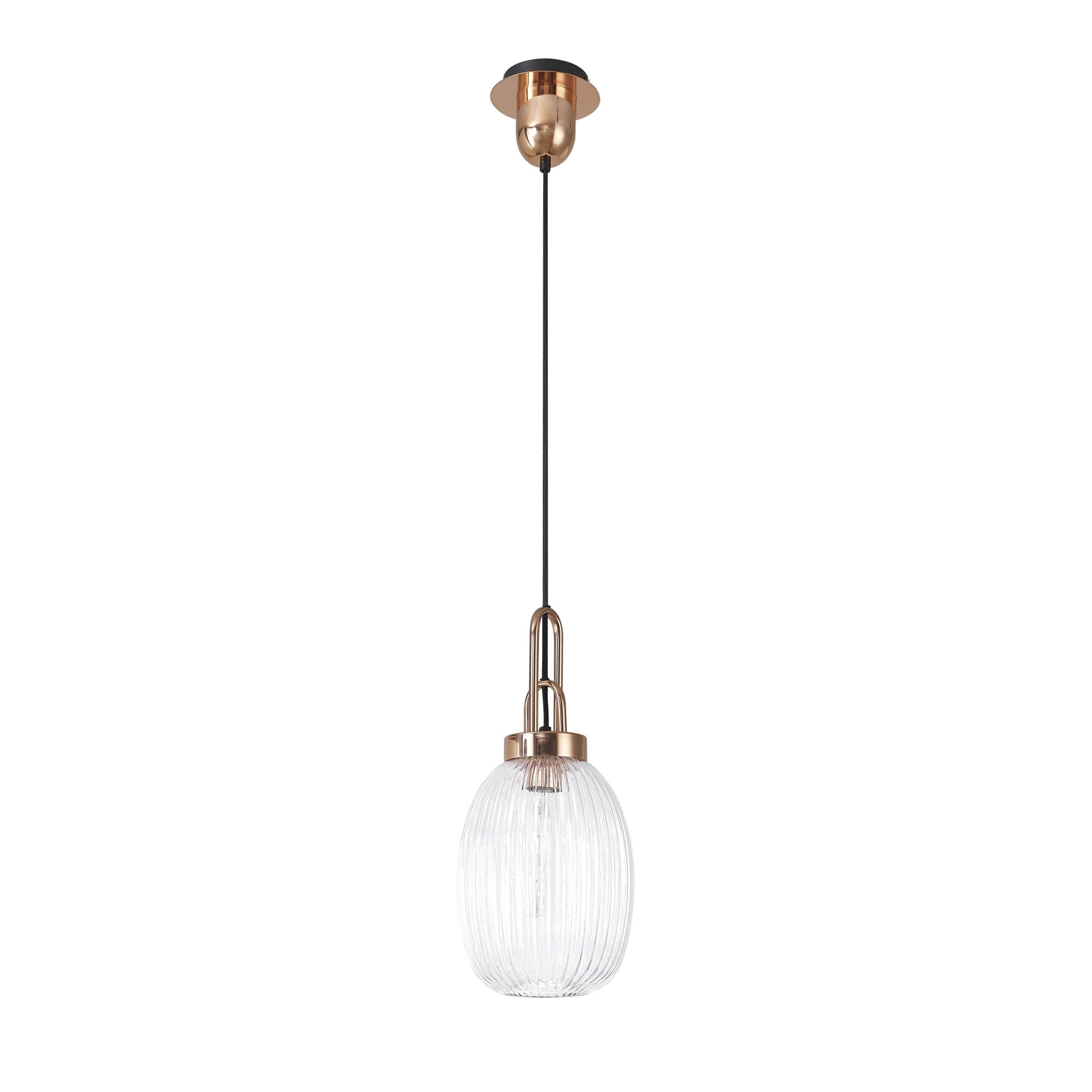 Fabula Springfield Single Pendant - 20cm Almond Ribbed Glass Shade - Copper & Clear Glass