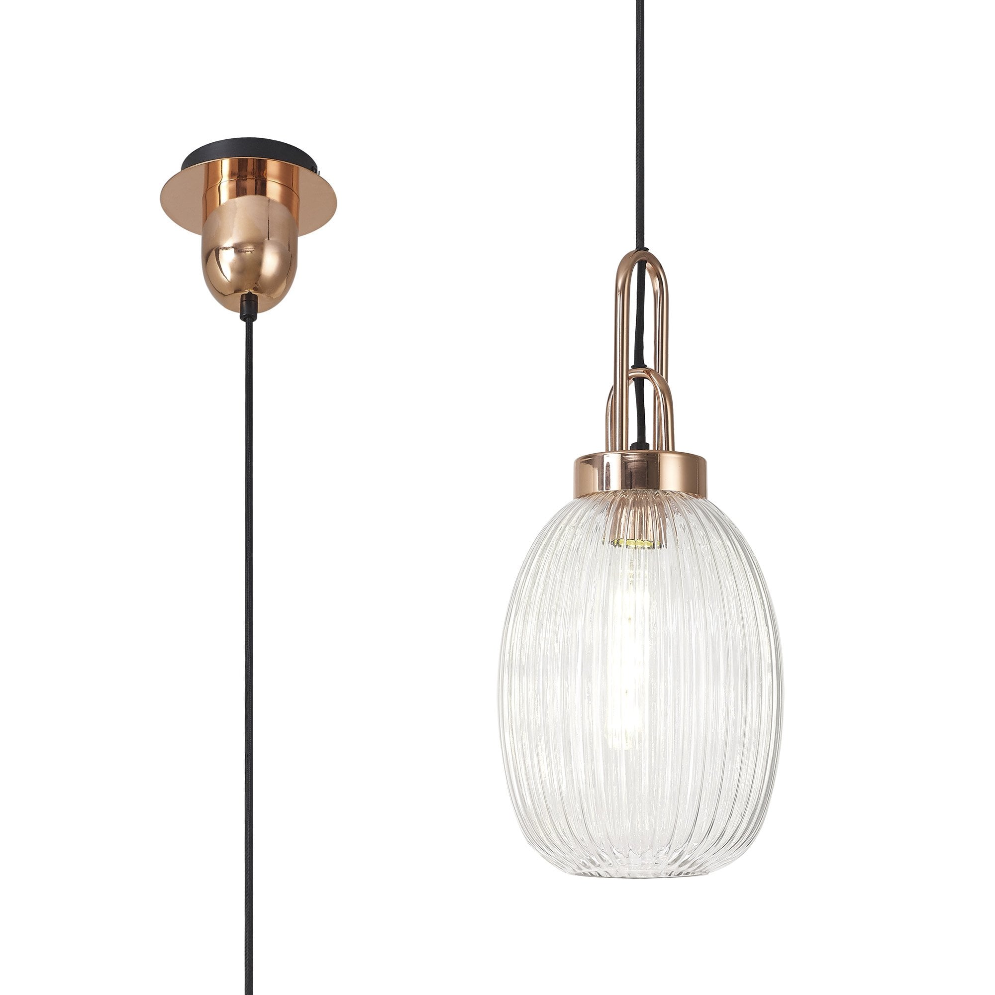 Fabula Springfield Single Pendant - 20cm Almond Ribbed Glass Shade - Copper & Clear Glass