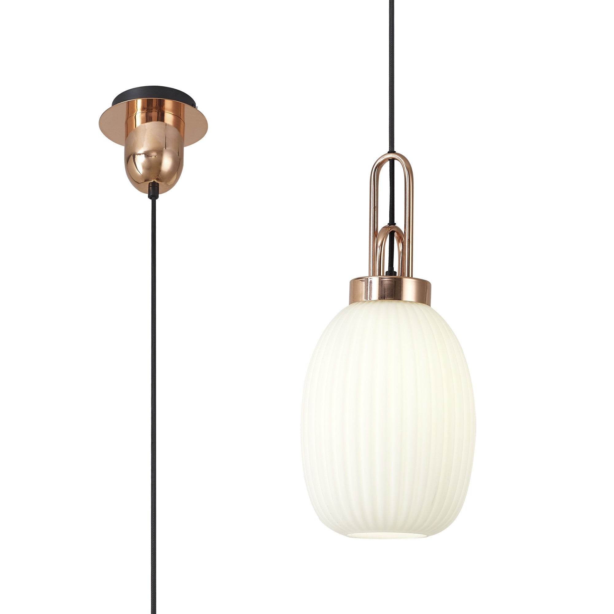 Fabula Springfield Single Pendant - 20cm Almond Ribbed Glass Shade - Copper & Opal Glass