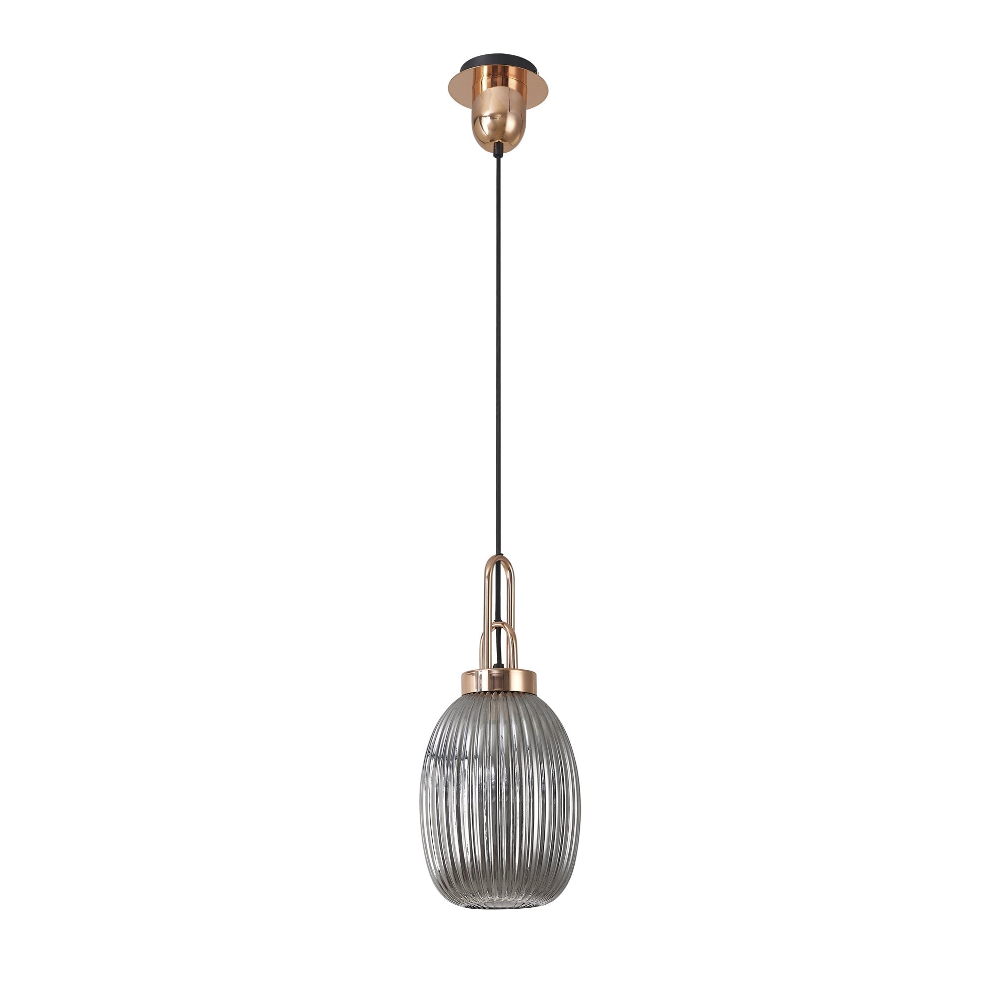Fabula Springfield Single Pendant - 20cm Almond Ribbed Glass Shade - Copper & Smoked Glass
