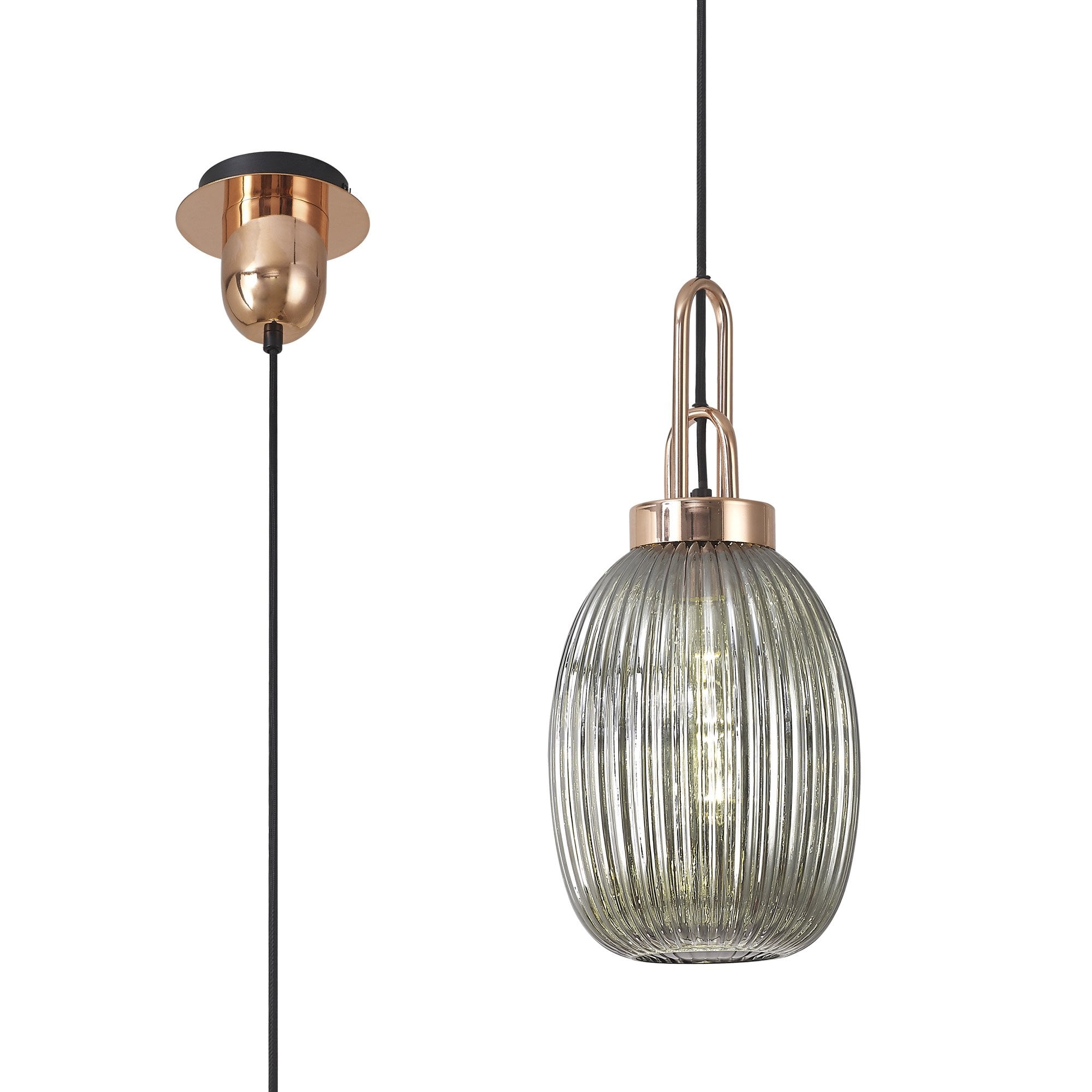 Fabula Springfield Single Pendant - 20cm Almond Ribbed Glass Shade - Copper & Smoked Glass