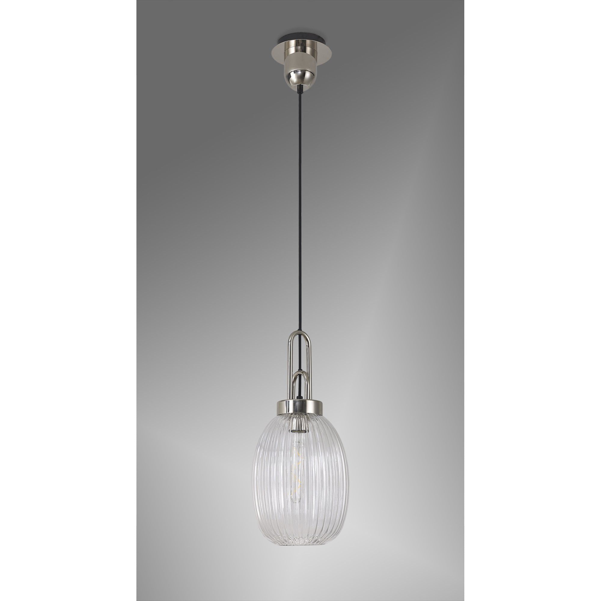 Fabula Springfield Single Pendant - 20cm Almond Ribbed Glass Shade - Polished Nickel & Clear Glass