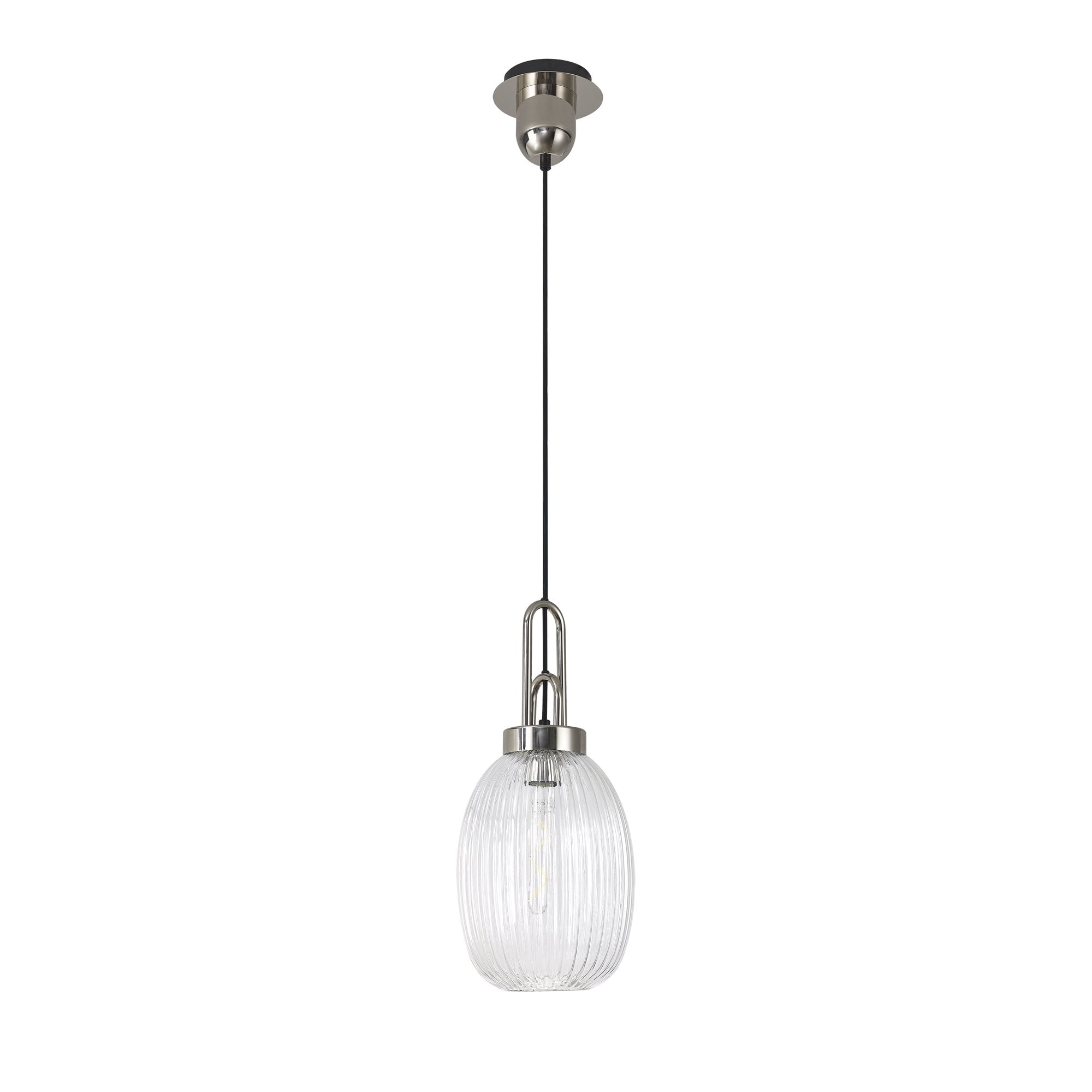 Fabula Springfield Single Pendant - 20cm Almond Ribbed Glass Shade - Polished Nickel & Clear Glass