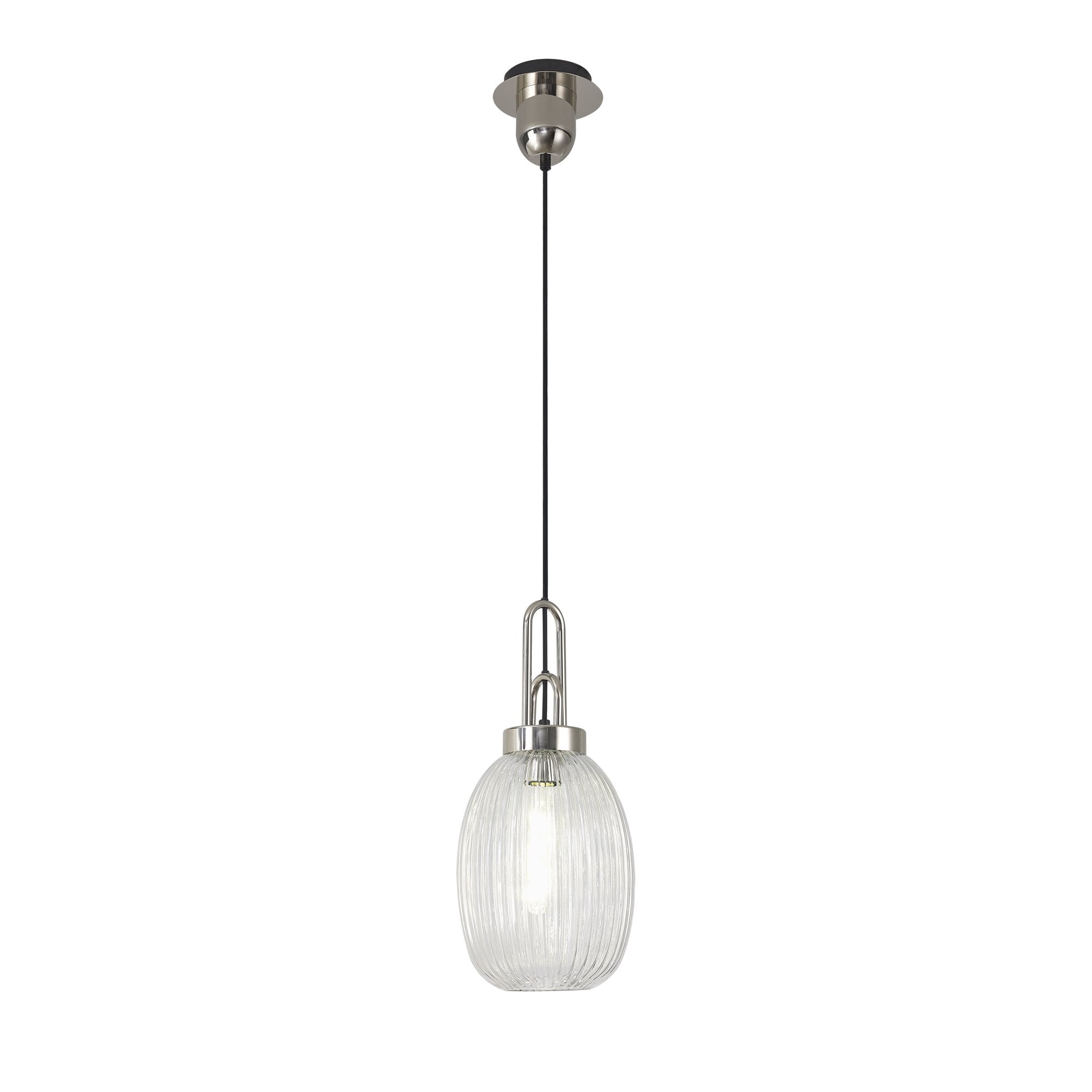 Fabula Springfield Single Pendant - 20cm Almond Ribbed Glass Shade - Polished Nickel & Clear Glass