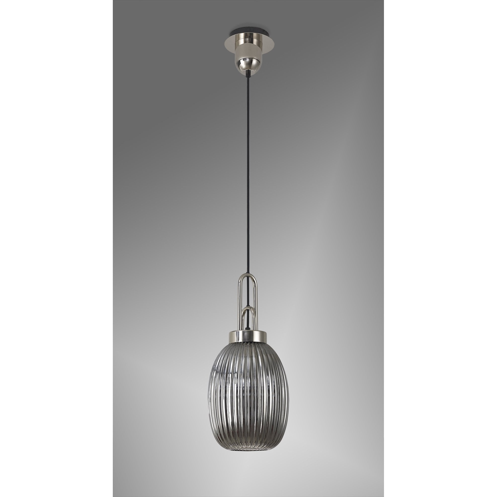 Fabula Springfield Single Pendant - 20cm Almond Ribbed Glass Shade - Polished Nickel & Smoked Glass