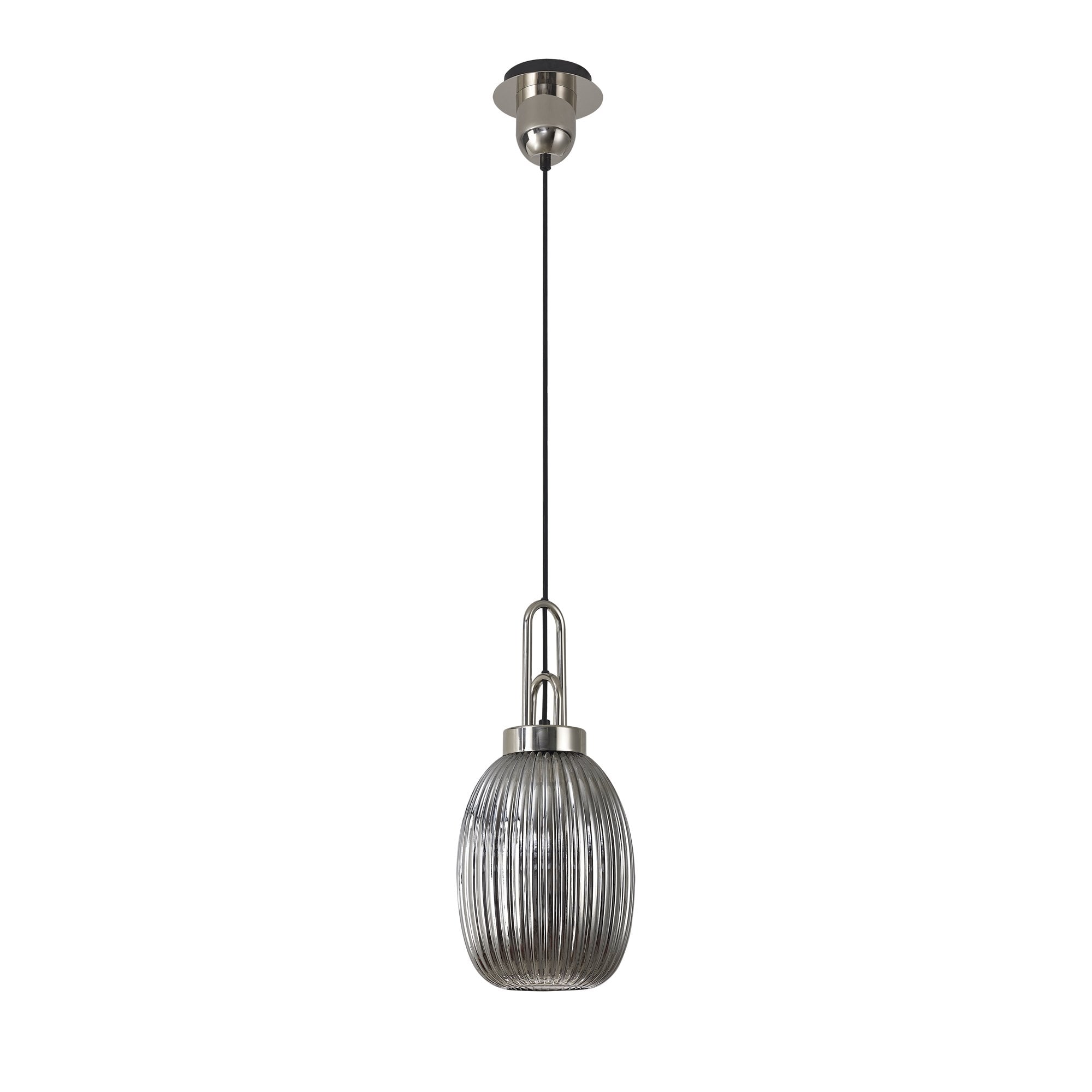 Fabula Springfield Single Pendant - 20cm Almond Ribbed Glass Shade - Polished Nickel & Smoked Glass