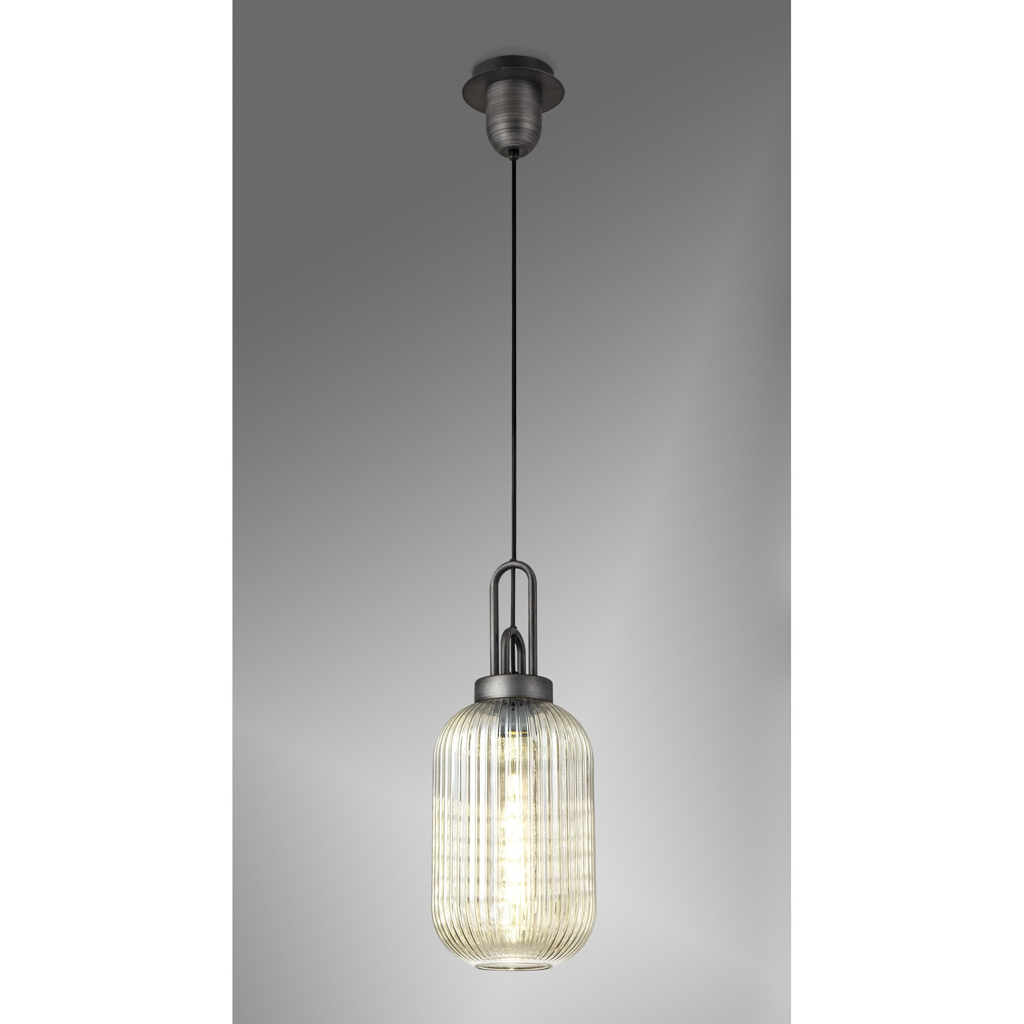 Fabula Springfield Single Pendant - 20cm Tubular Ribbed Glass Shade - Aged Pewter & Champagne Glass
