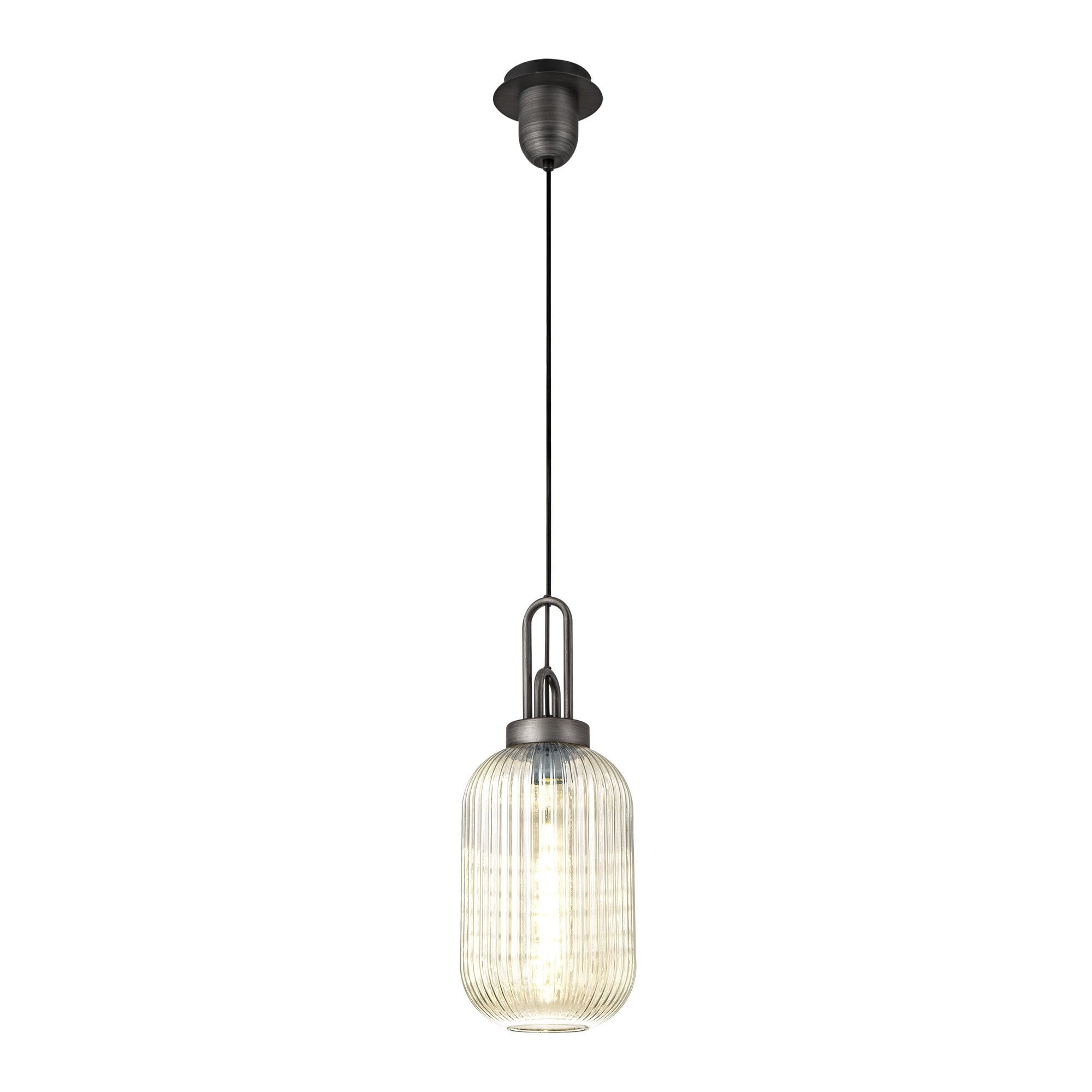 Fabula Springfield Single Pendant - 20cm Tubular Ribbed Glass Shade - Aged Pewter & Champagne Glass
