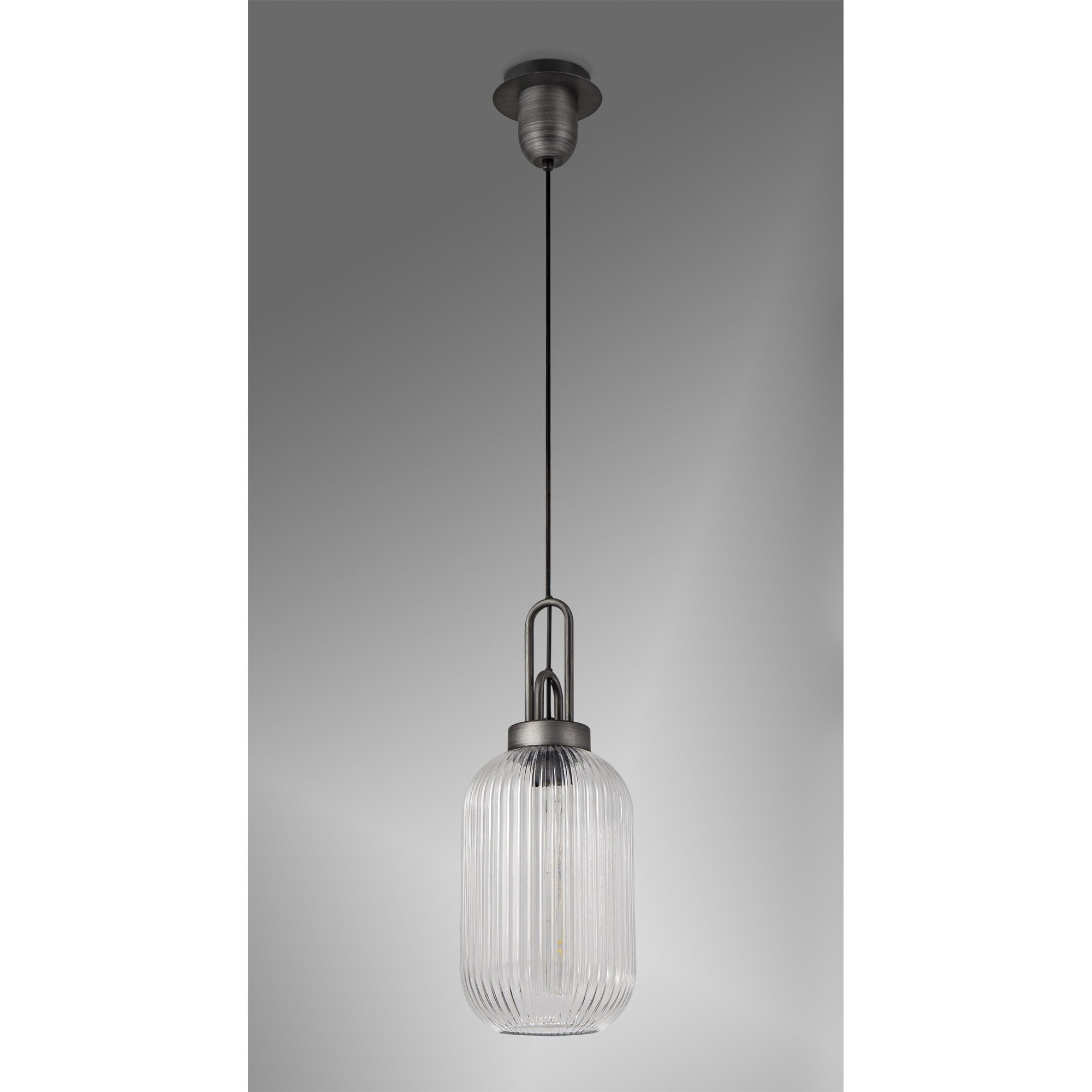 Fabula Springfield Single Pendant - 20cm Tubular Ribbed Glass Shade - Aged Pewter & Clear Glass