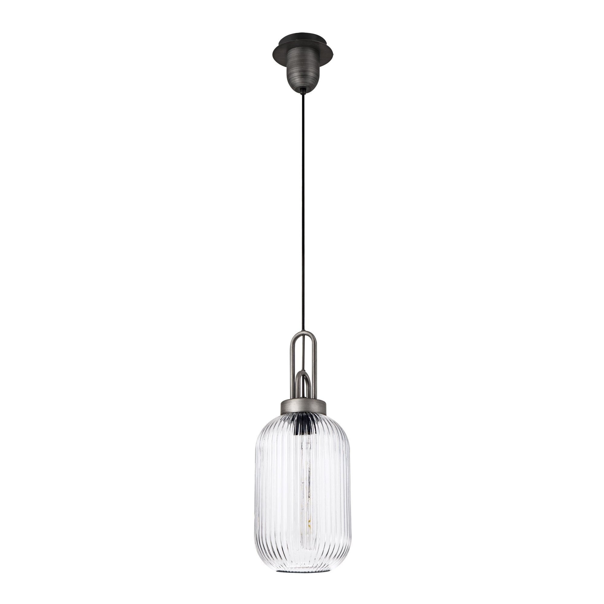 Fabula Springfield Single Pendant - 20cm Tubular Ribbed Glass Shade - Aged Pewter & Clear Glass