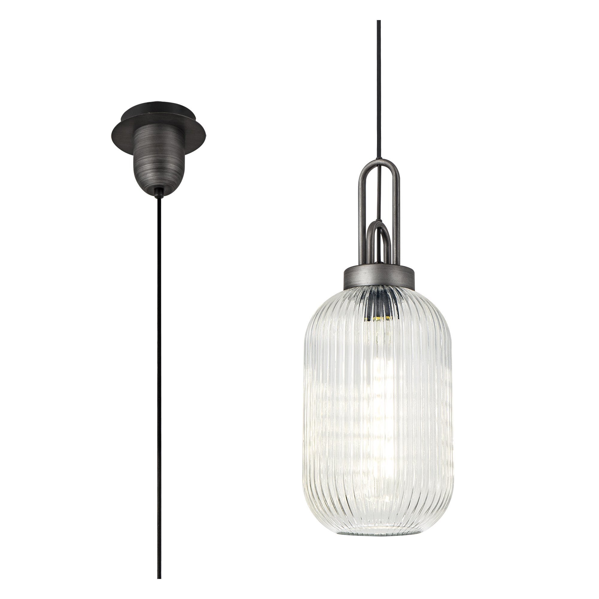 Fabula Springfield Single Pendant - 20cm Tubular Ribbed Glass Shade - Aged Pewter & Clear Glass