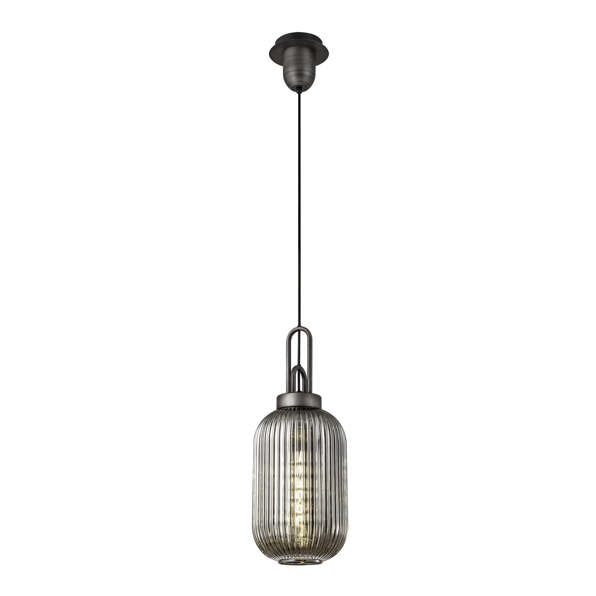Fabula Springfield Single Pendant - 20cm Tubular Ribbed Glass Shade - Aged Pewter & Smoked Glass
