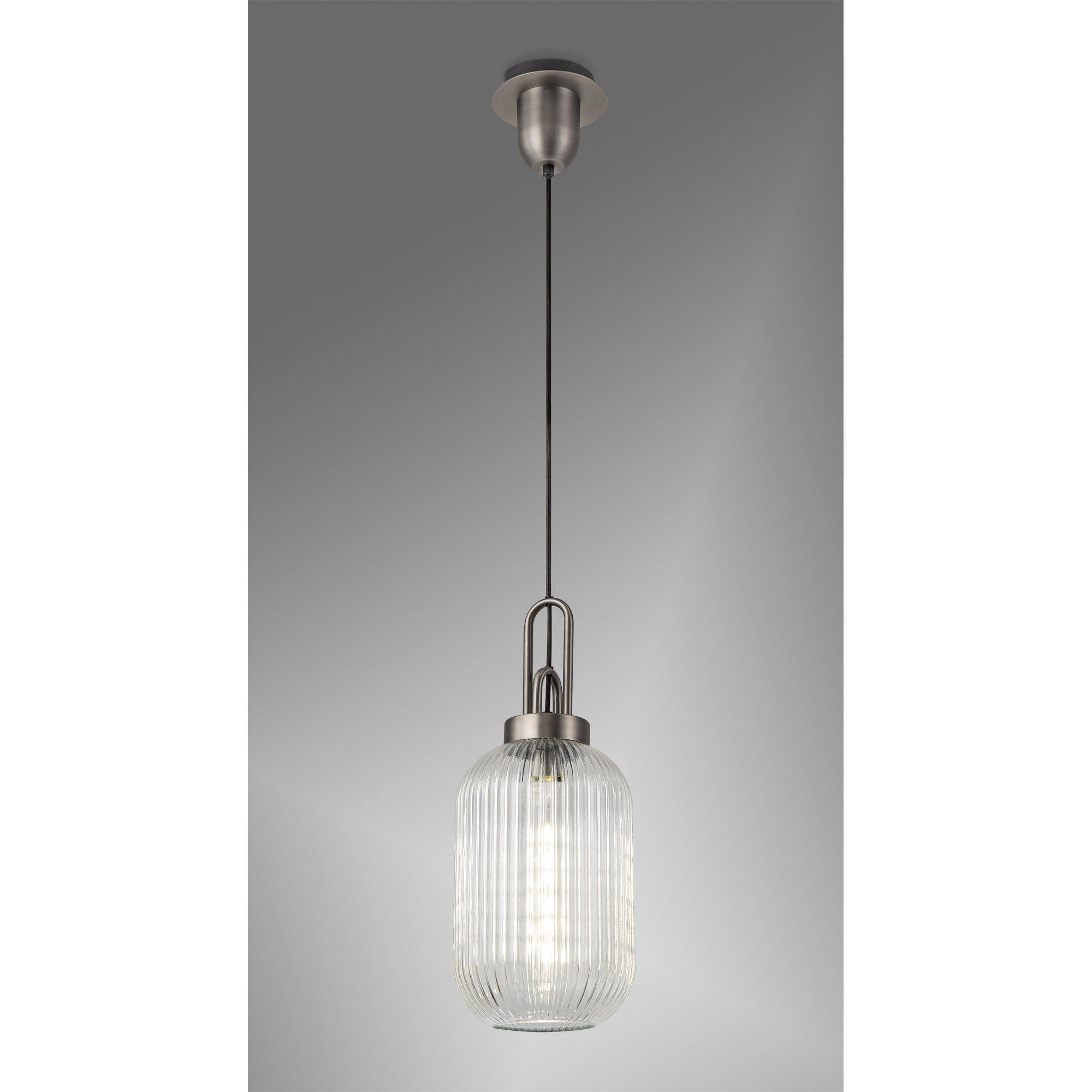 Fabula Springfield Single Pendant - 20cm Tubular Ribbed Glass Shade - Antique Silver & Clear Glass
