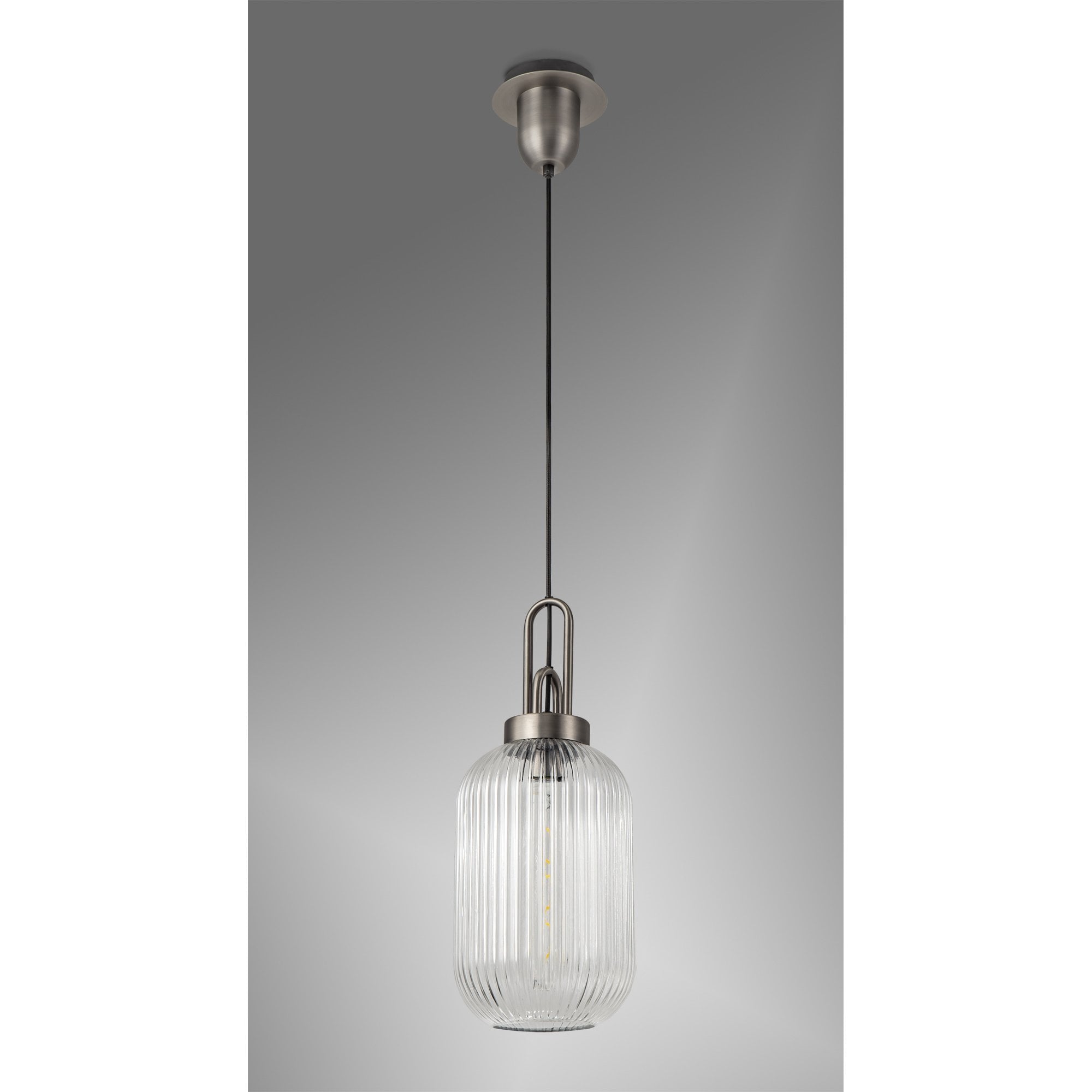 Fabula Springfield Single Pendant - 20cm Tubular Ribbed Glass Shade - Antique Silver & Clear Glass