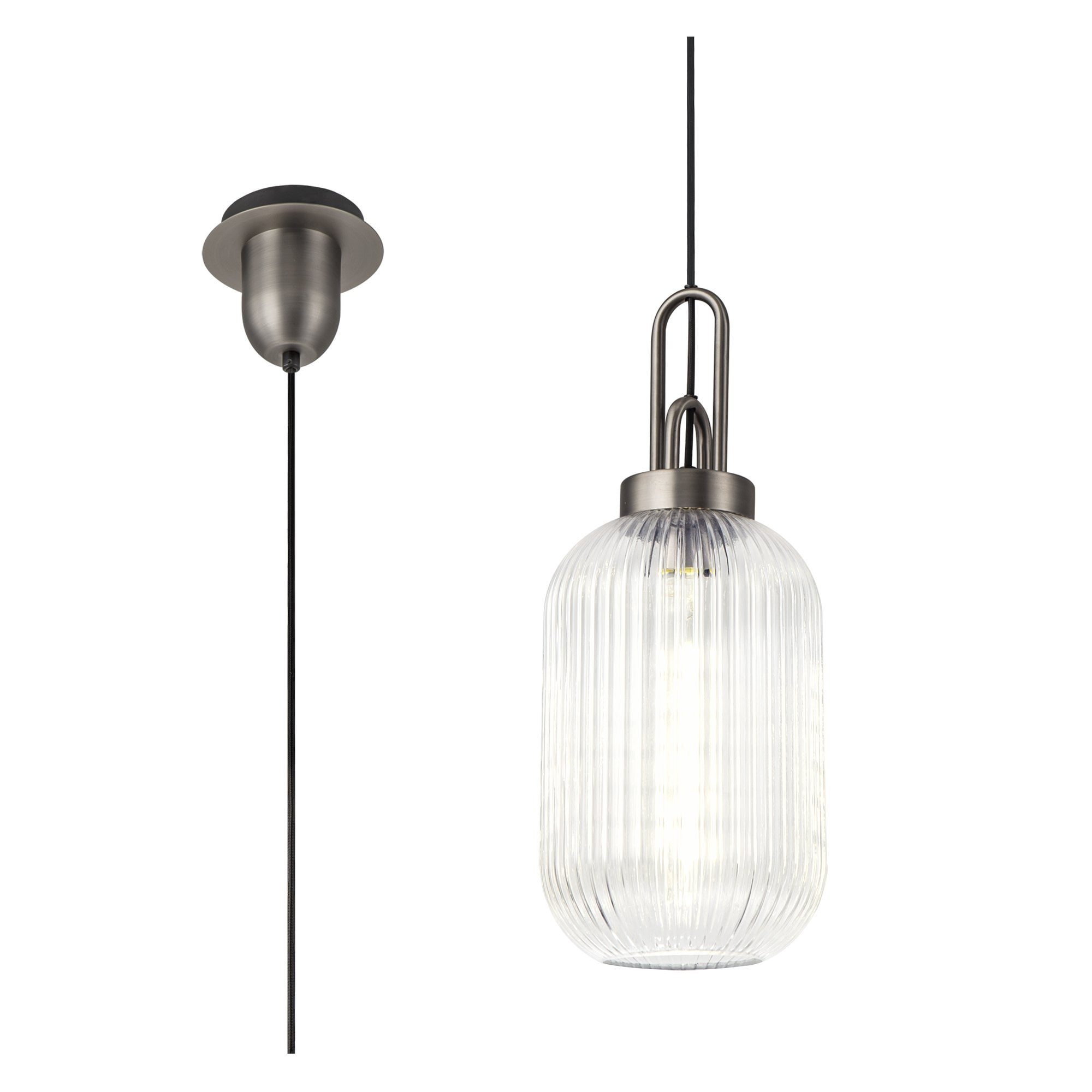 Fabula Springfield Single Pendant - 20cm Tubular Ribbed Glass Shade - Antique Silver & Clear Glass
