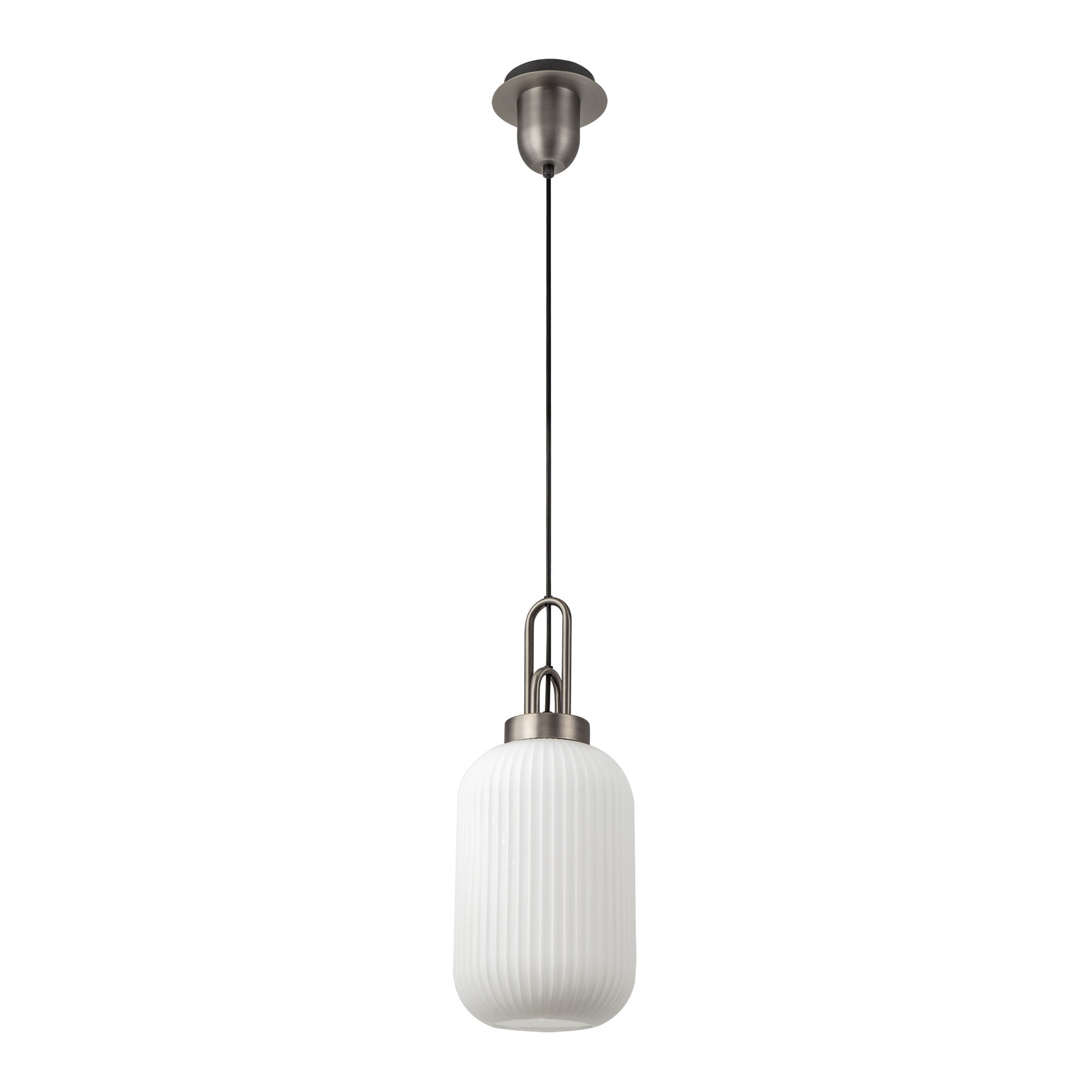 Fabula Springfield Single Pendant - 20cm Tubular Ribbed Glass Shade - Antique Silver & Opal Glass
