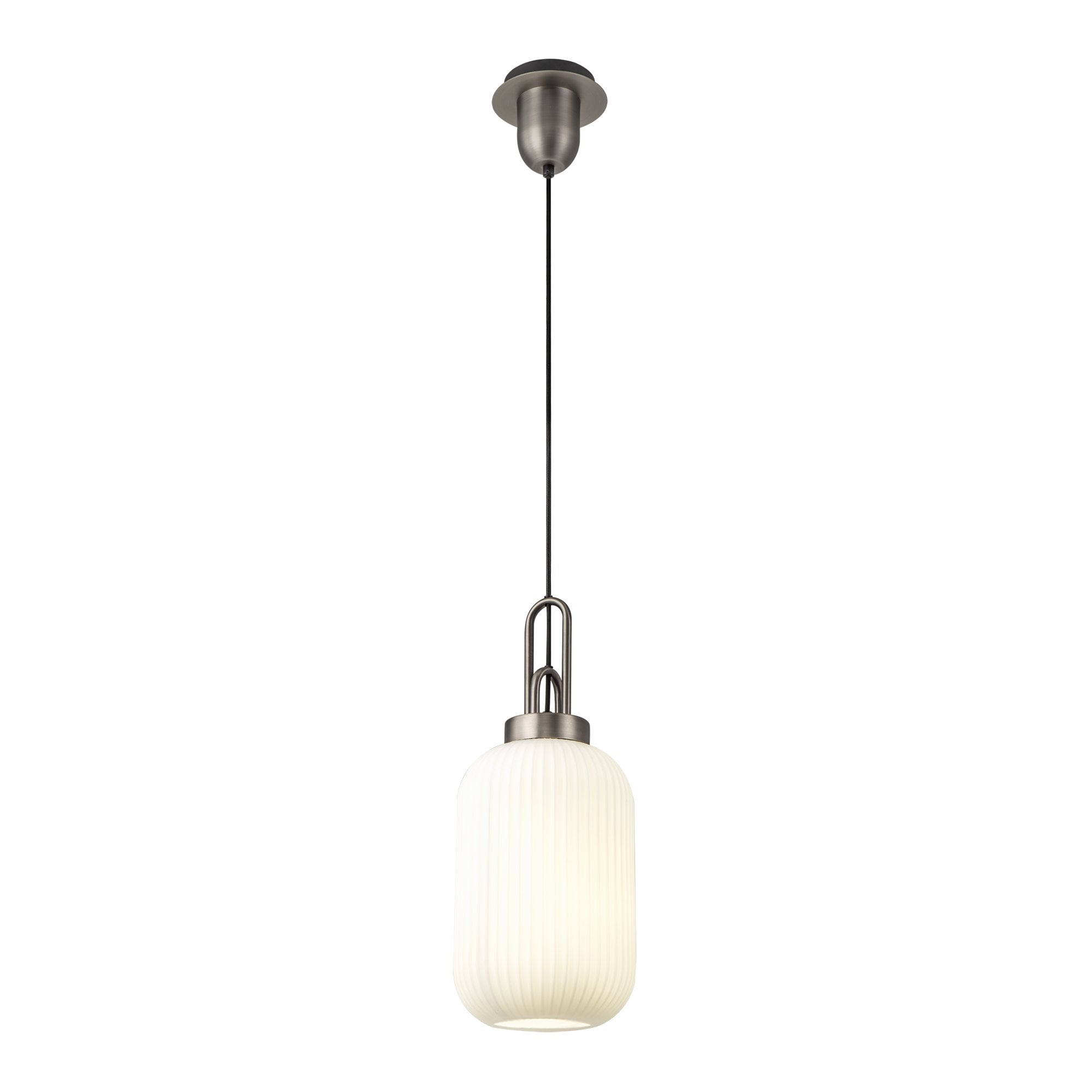 Fabula Springfield Single Pendant - 20cm Tubular Ribbed Glass Shade - Antique Silver & Opal Glass