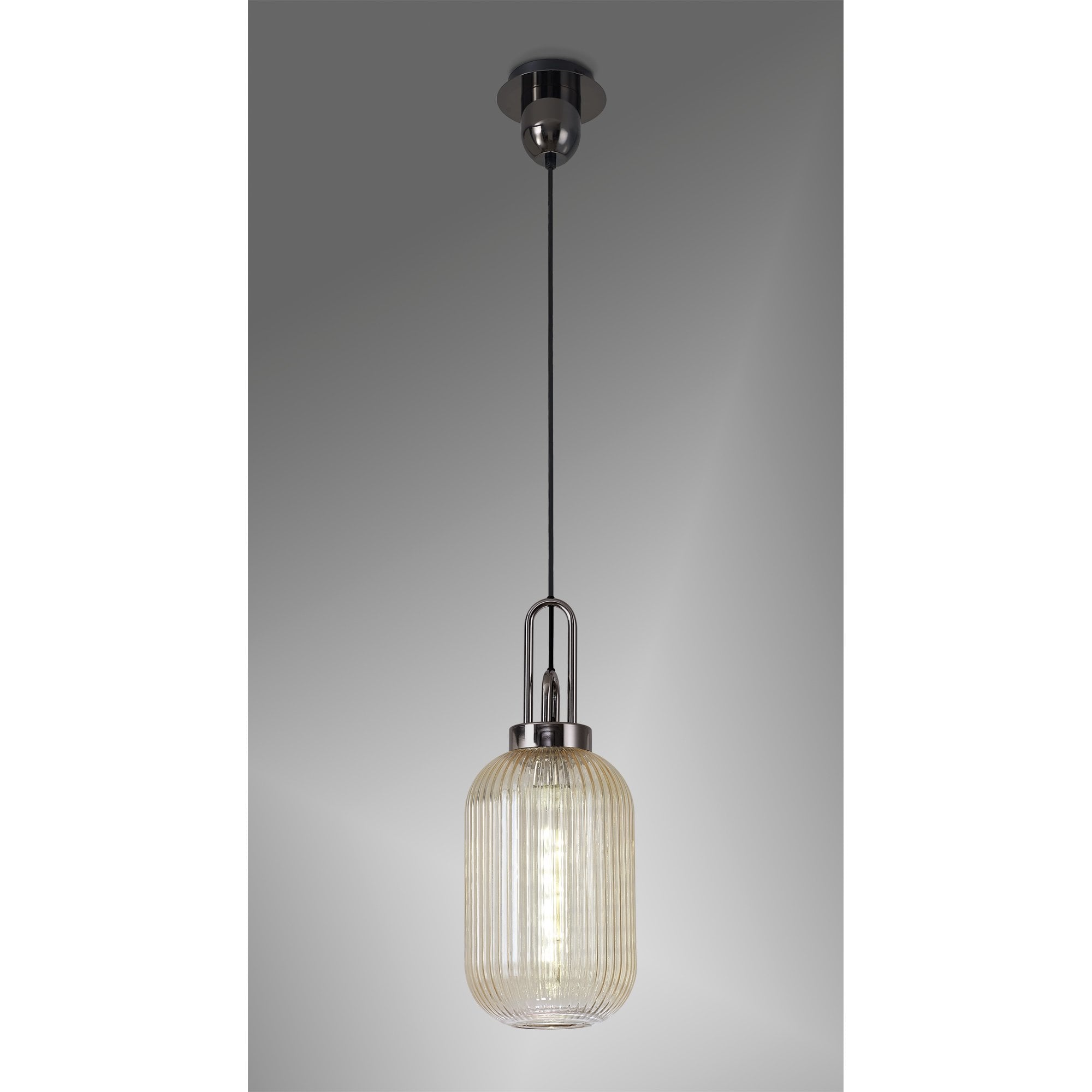 Fabula Springfield Single Pendant - 20cm Tubular Ribbed Glass Shade - Black Chrome & Champagne Glass