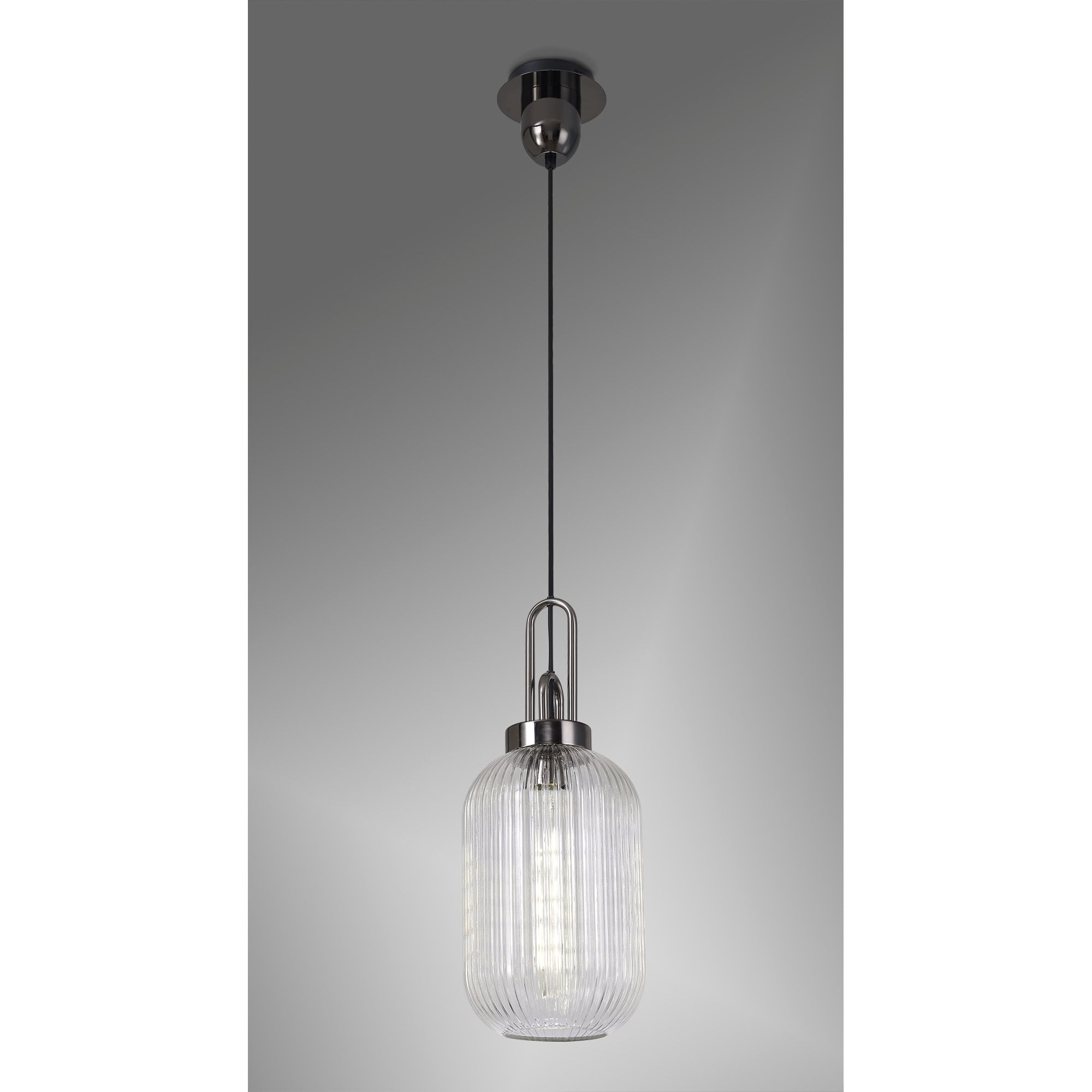 Fabula Springfield Single Pendant - 20cm Tubular Ribbed Glass Shade - Black Chrome & Clear Glass