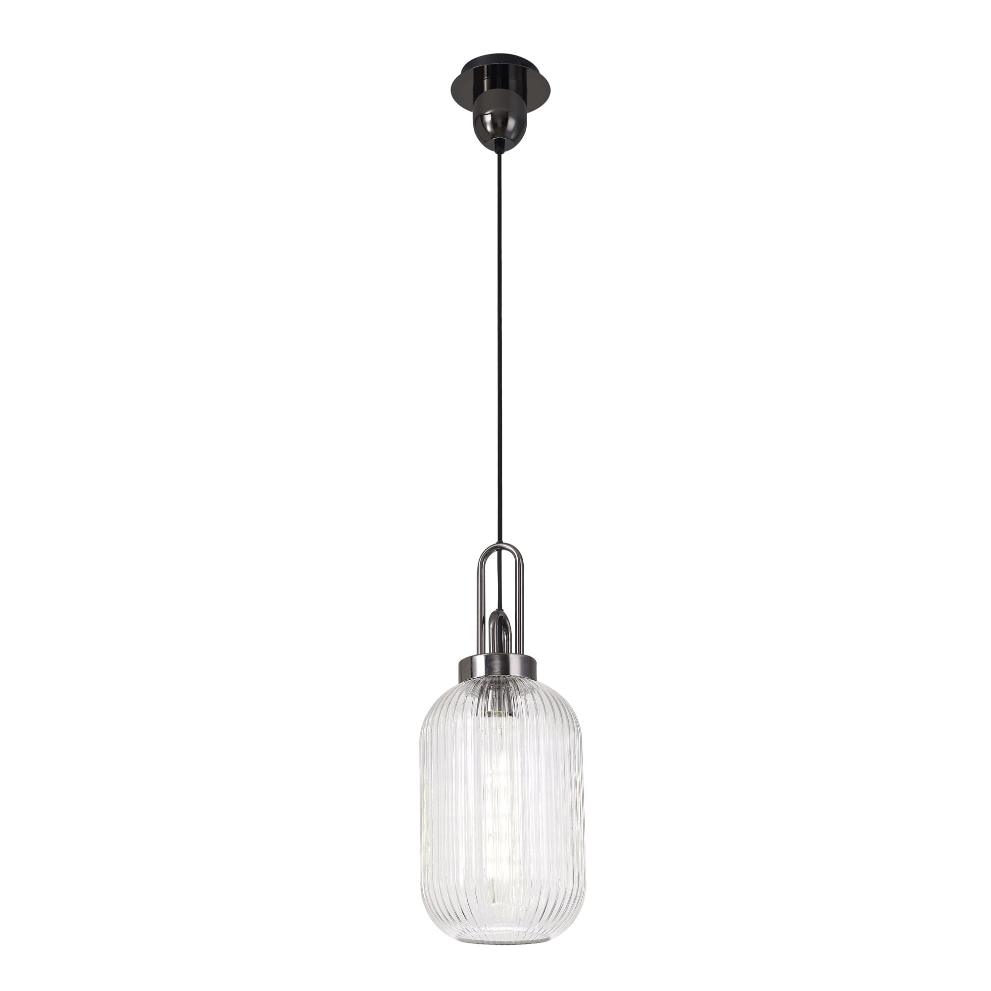 Fabula Springfield Single Pendant - 20cm Tubular Ribbed Glass Shade - Black Chrome & Clear Glass